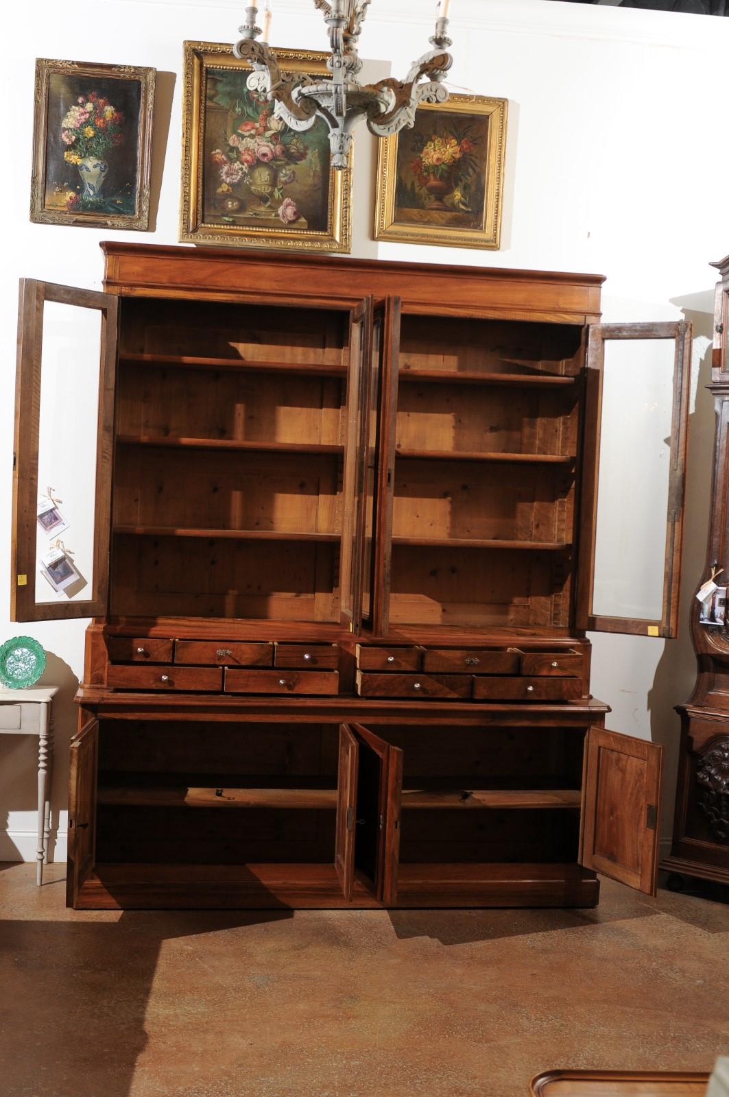 Louis-Philippe Style 1890s Walnut Bibliothèque with Glass Doors and Drawers 1