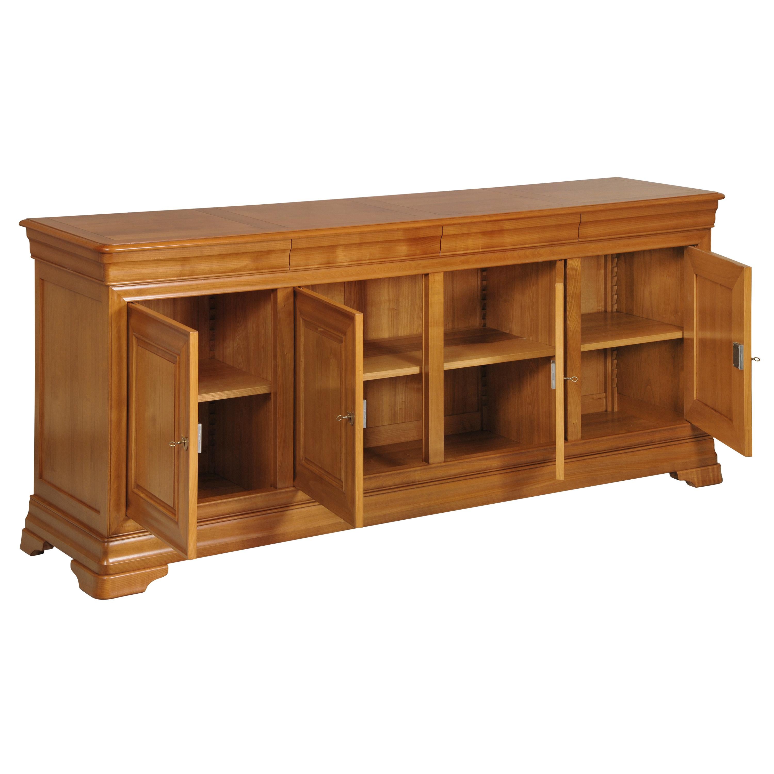 This large sideboard is made of solid French Cherry and typical of the Louis Philippe Style in the mid 19th century in France caracterized by its curved moldings, hand-curved feet, etc...
 
4 drawers with dovetails are in the curved moldings 
2