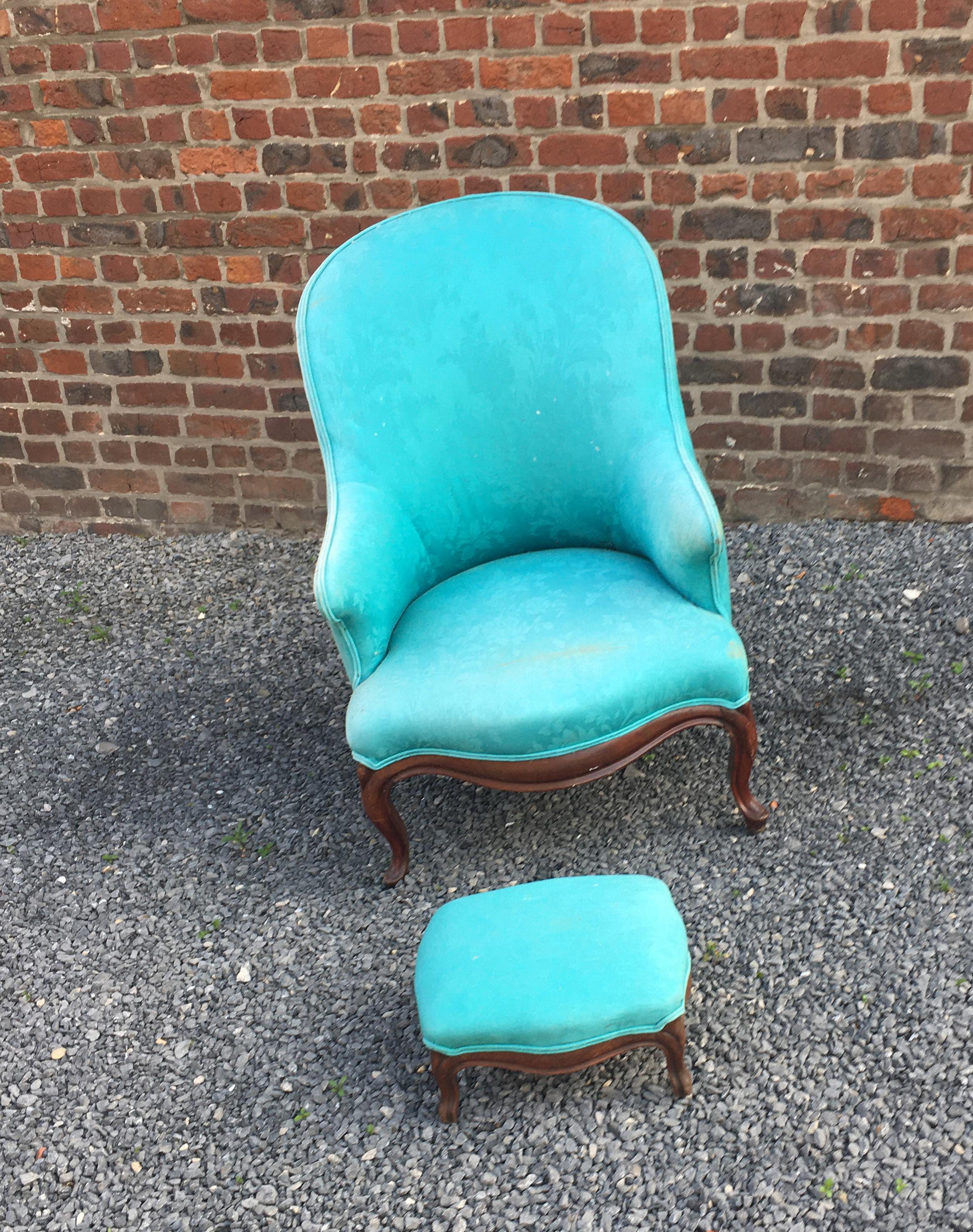 French Louis Philippe Style Armchair and Footrest, circa 1930/1950 For Sale