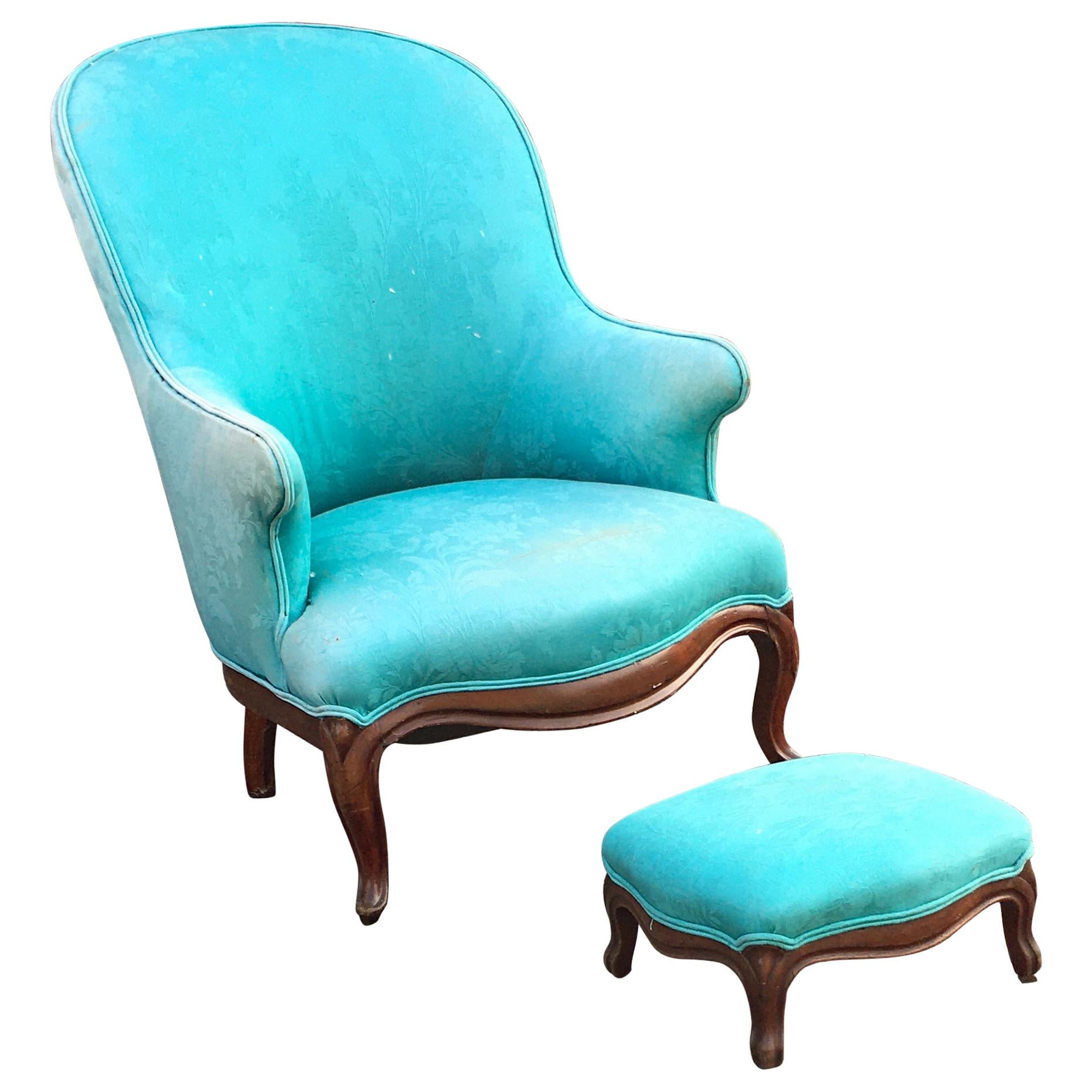 Louis Philippe Style Armchair and Footrest, circa 1930/1950 For Sale