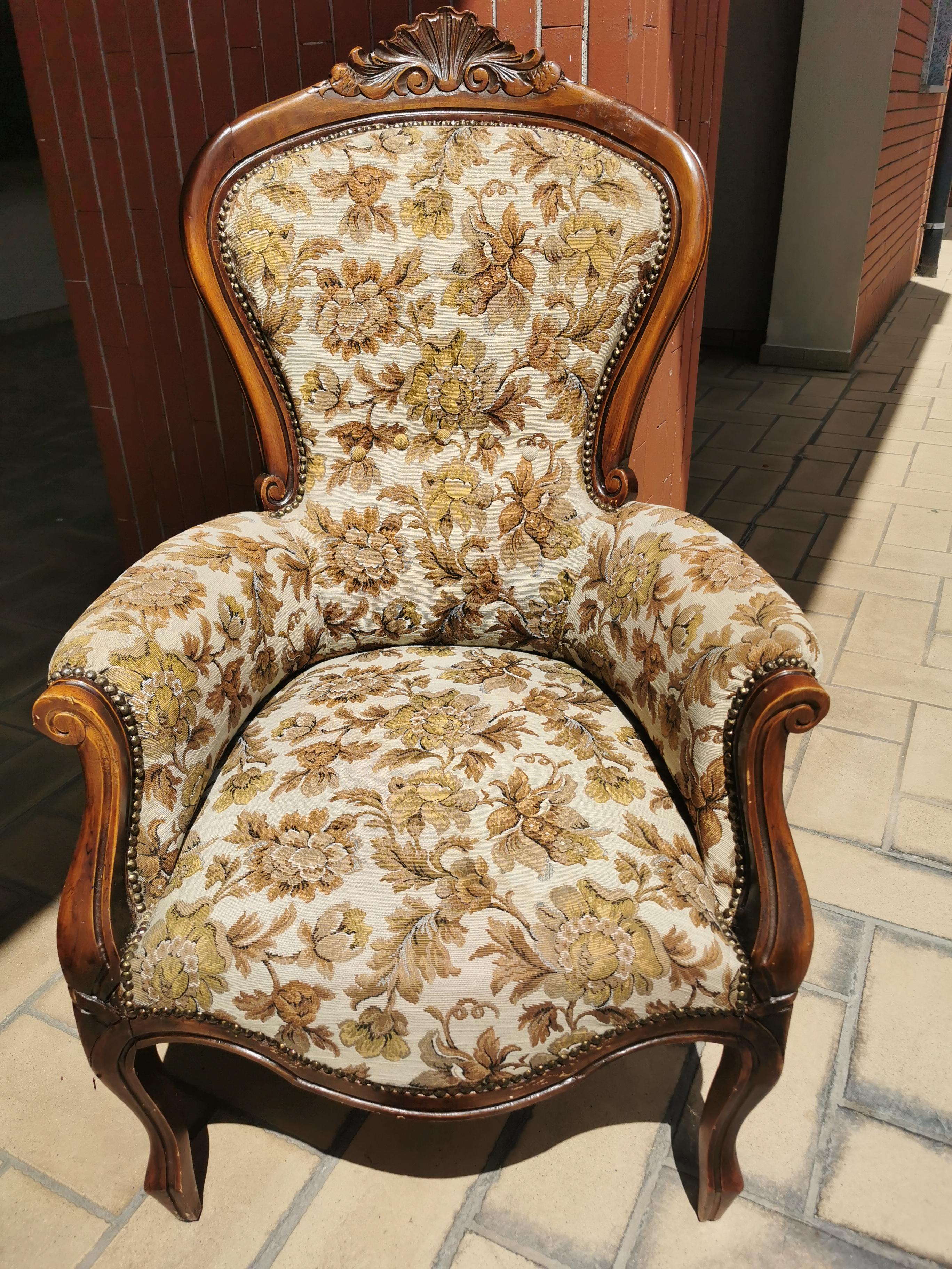 Italian Louis Philippe Style Armchair, Early 20th Century Italy, Flower Motifs Armchair For Sale