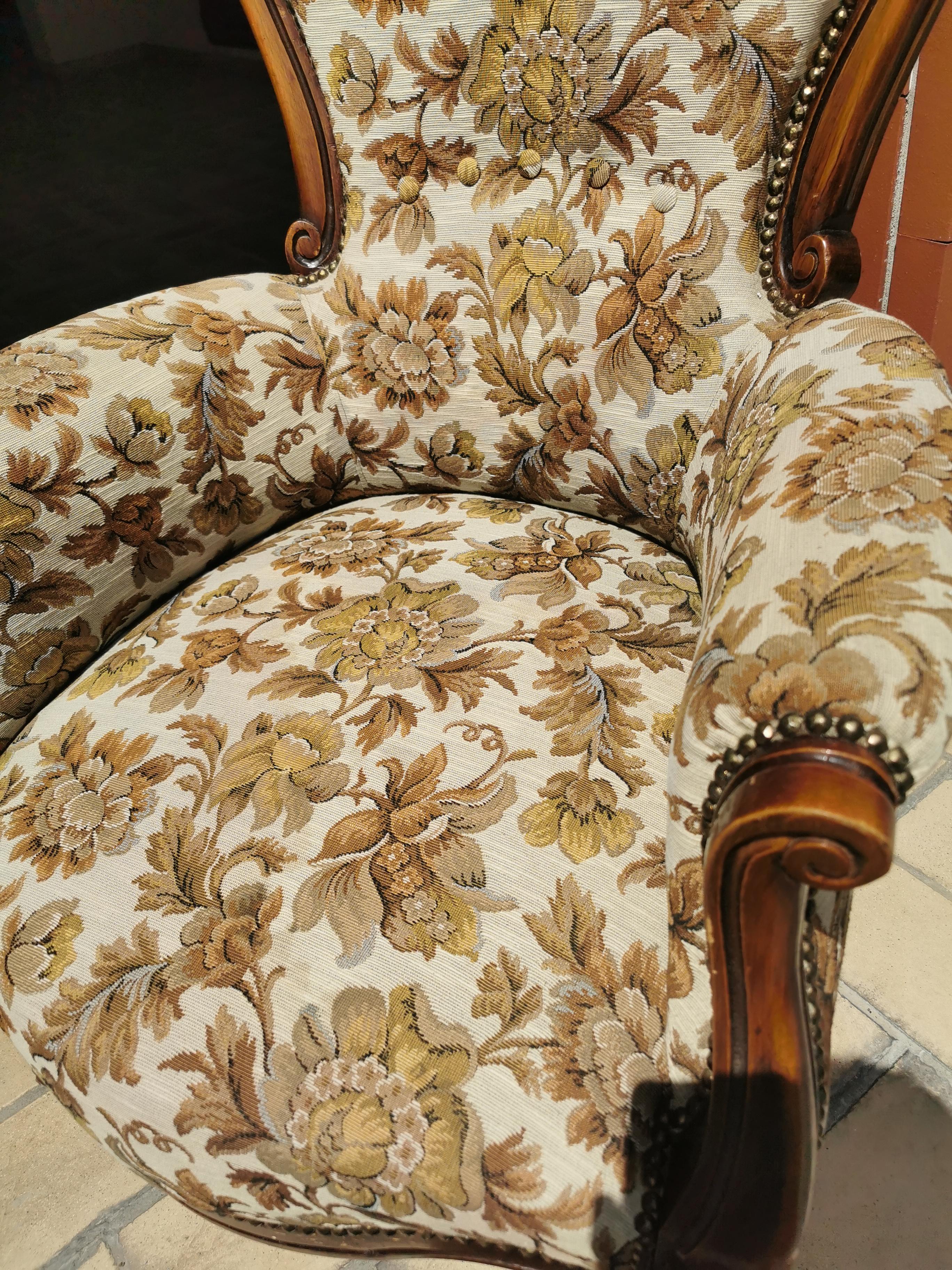 Walnut Louis Philippe Style Armchair, Early 20th Century Italy, Flower Motifs Armchair For Sale