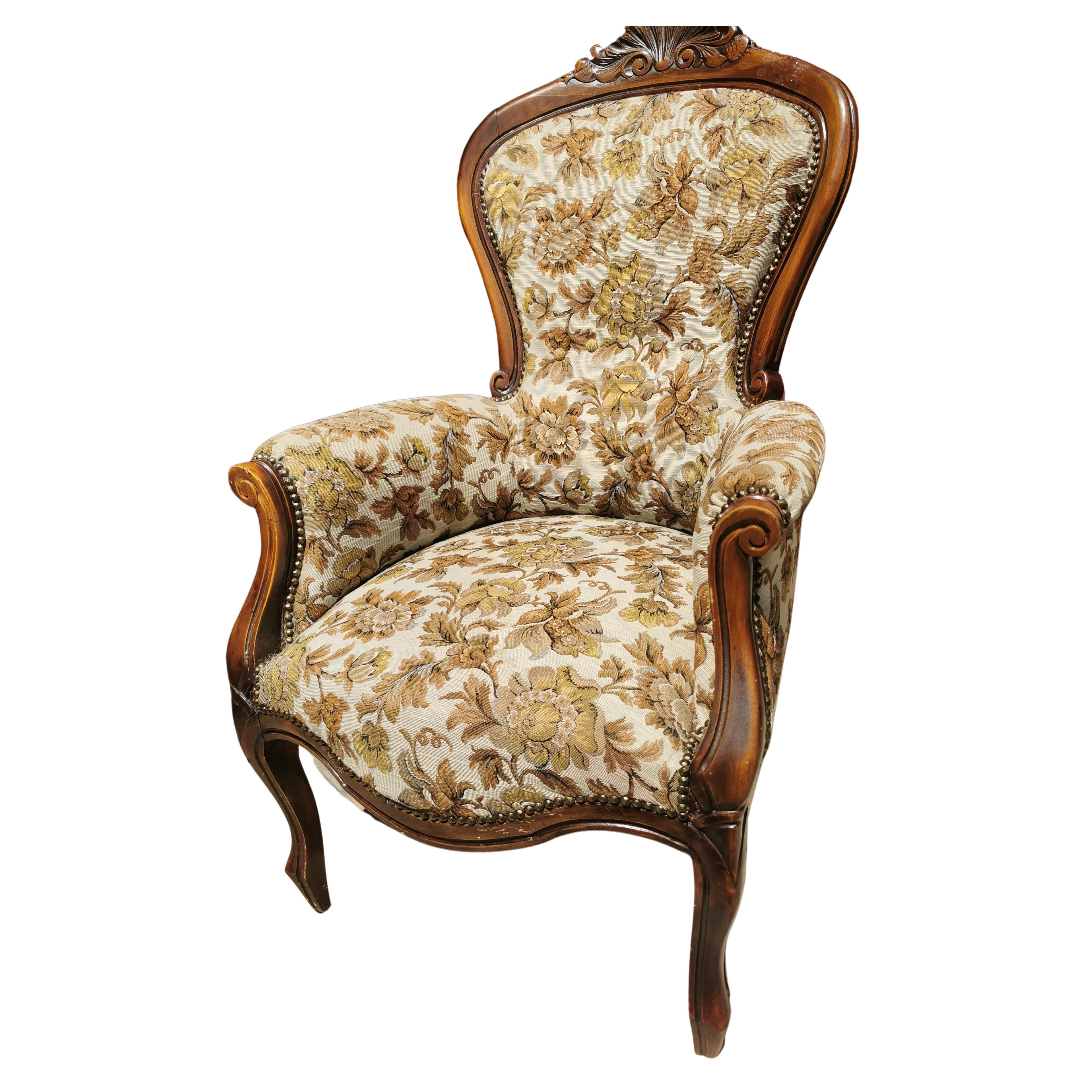 Louis Philippe Style Armchair, Early 20th Century Italy, Flower Motifs Armchair For Sale