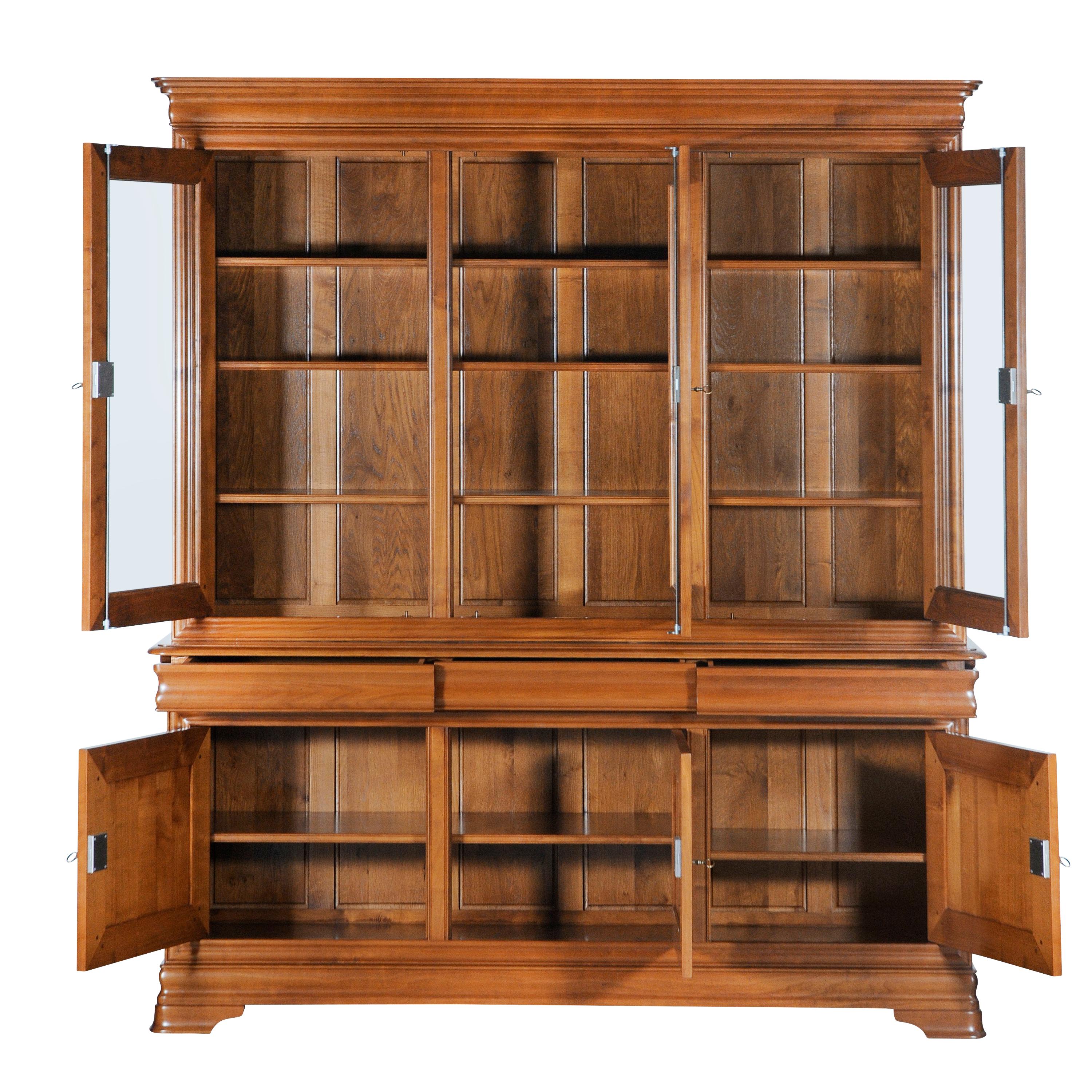 This bookcase is made with 2 parts is made of French cherrywood and also available in oak. 

- The Upper part has 3 glass doors and 3 removable shelves on wooden racks.

- The Lower part has 3 plain and solid wooden doors. 3 drawers with dovetails