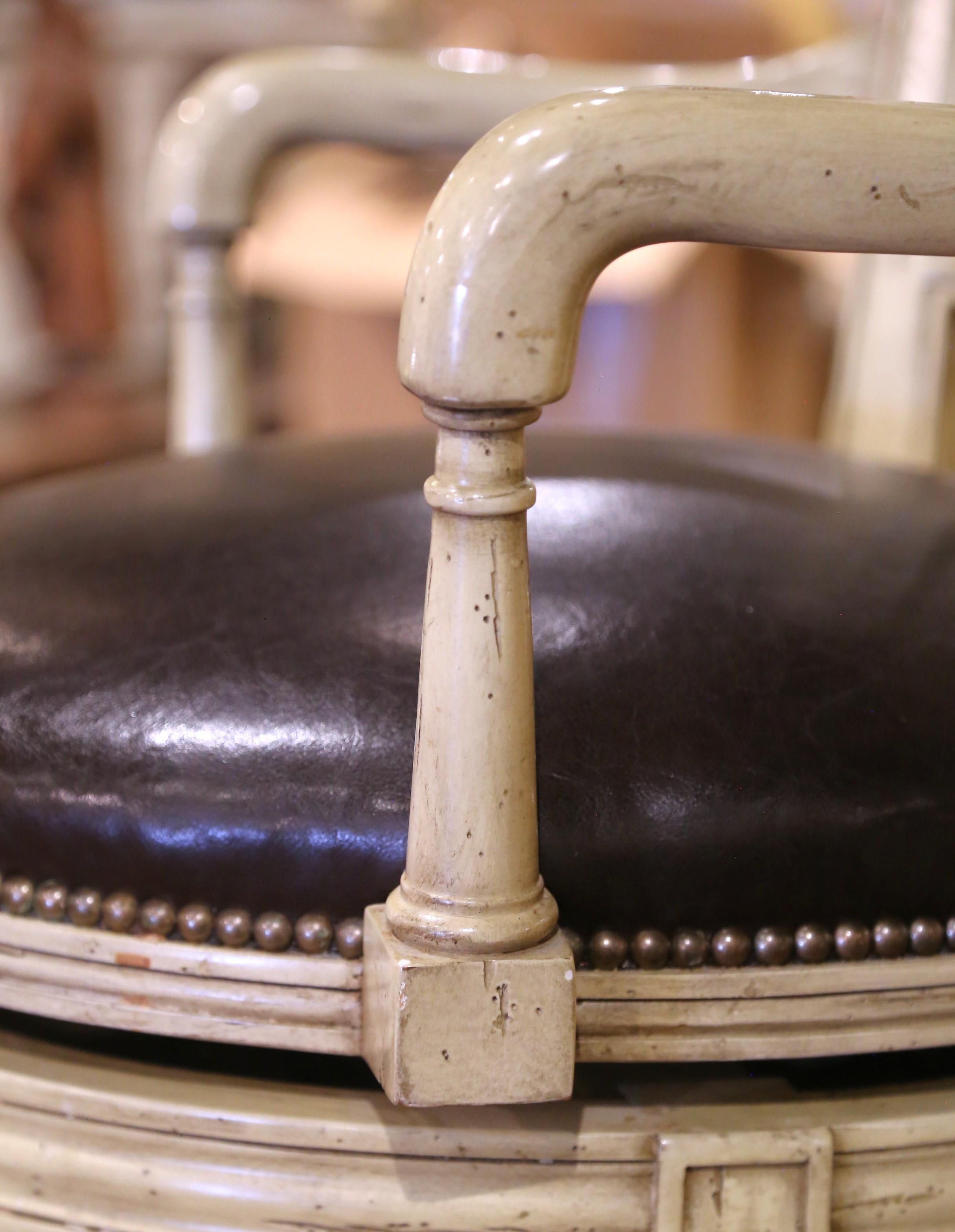 Oak Louis Philippe Style Cream-Painted Swivel Barstools with Leather Seats, Set of 3 For Sale