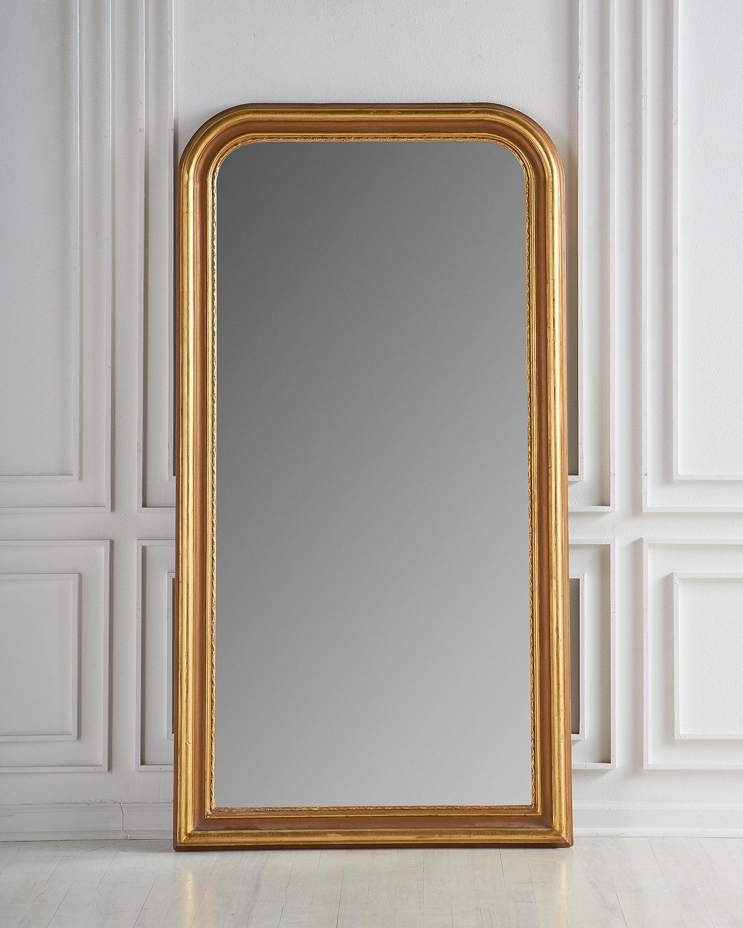 A gorgeous 5’8” foot tall Louis Philippe style mirror made from reclaimed pine and featuring a hand applied gold finish. We searched high and low to source various sizes and shapes in this style as great options for our clients - this size would be