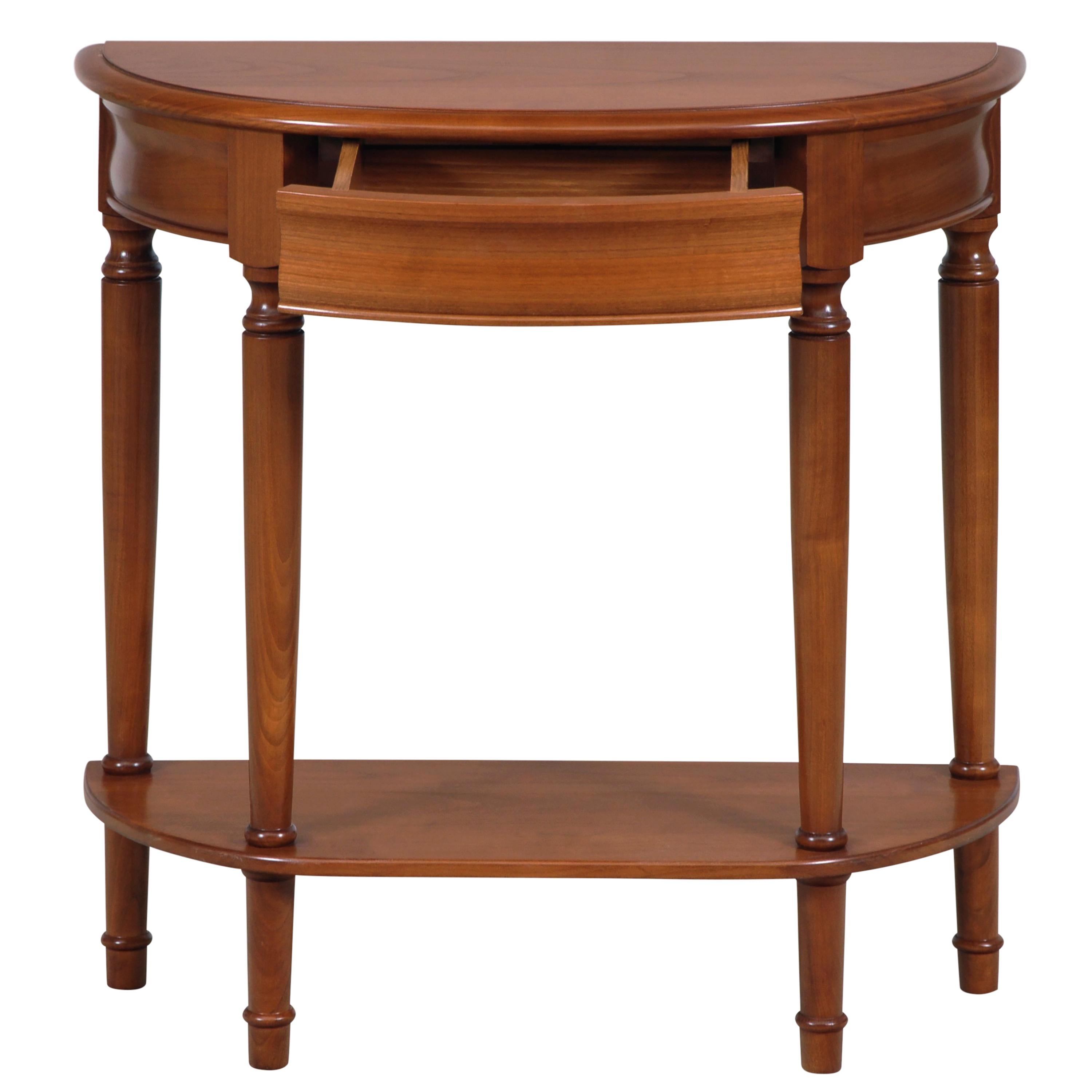 This half moon console table is a handmade reproduction of the French Louis Philippe Style in the mid 19th century in France caracterized by its curved moldings, hand-curved feet and rounded design.

1 Drawer is integrated n the curved molding.
1