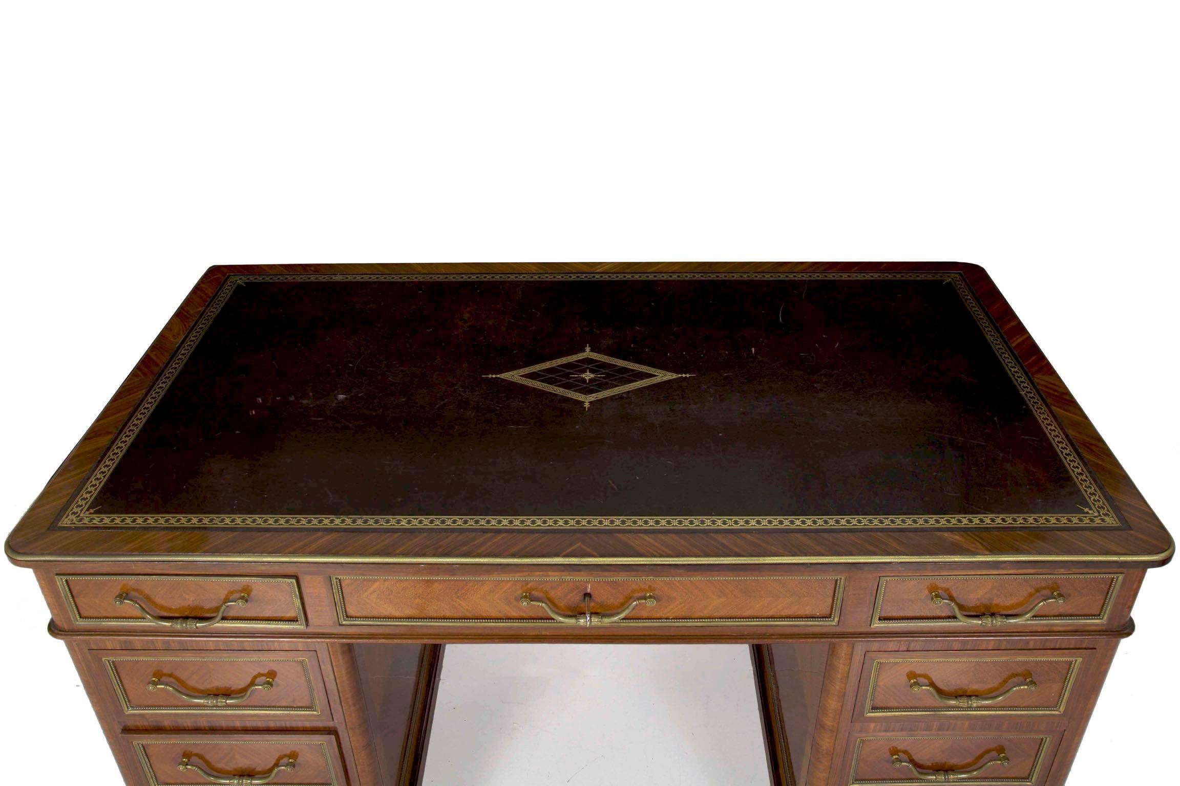 Brass Louis Philippe Style Kingwood Black Leather Antique Pedestal Desk, 19th Century