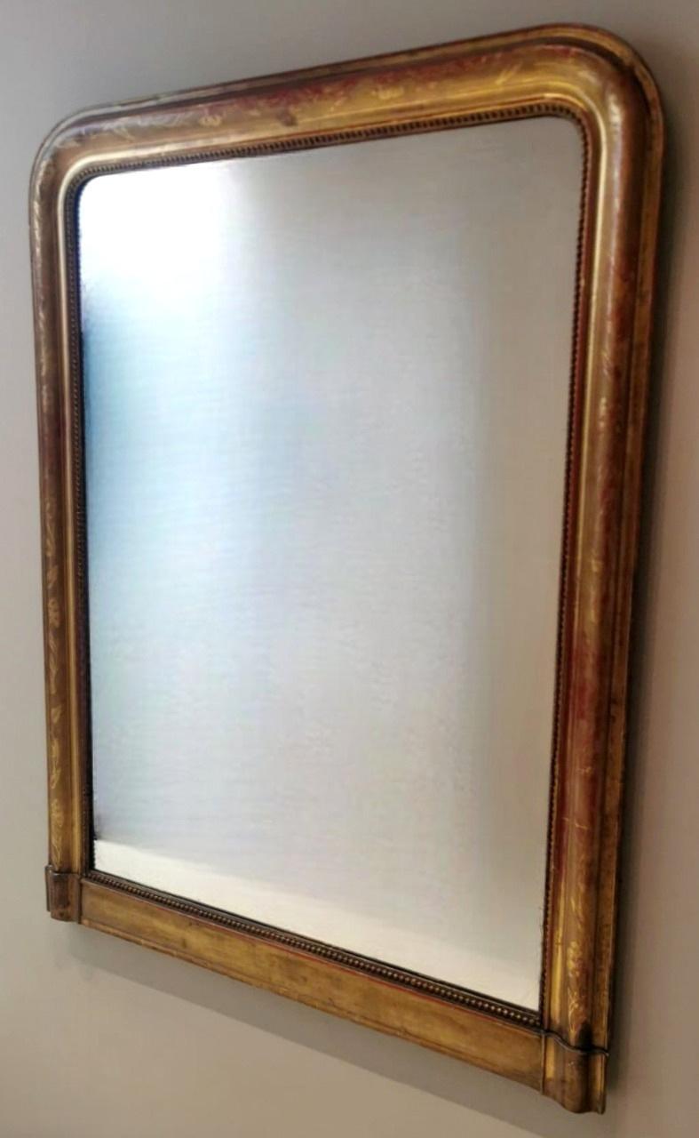 Gilt Louis Philippe Style Large French Wall Mirror With Gold Leaf Frame
