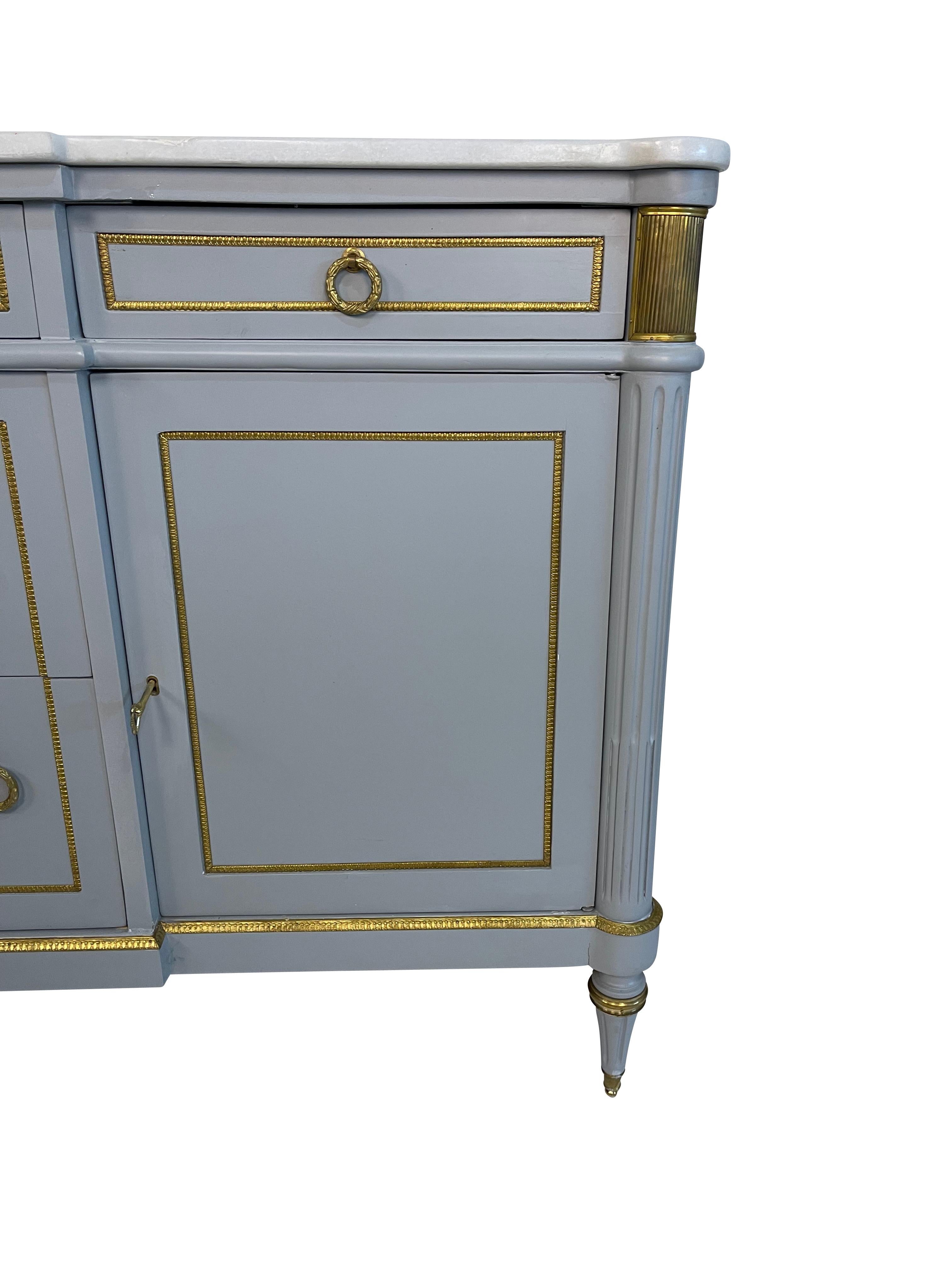 Unknown Louis Philippe Style Grey Blue Painted Cabinet/Buffet with White Marble Top For Sale