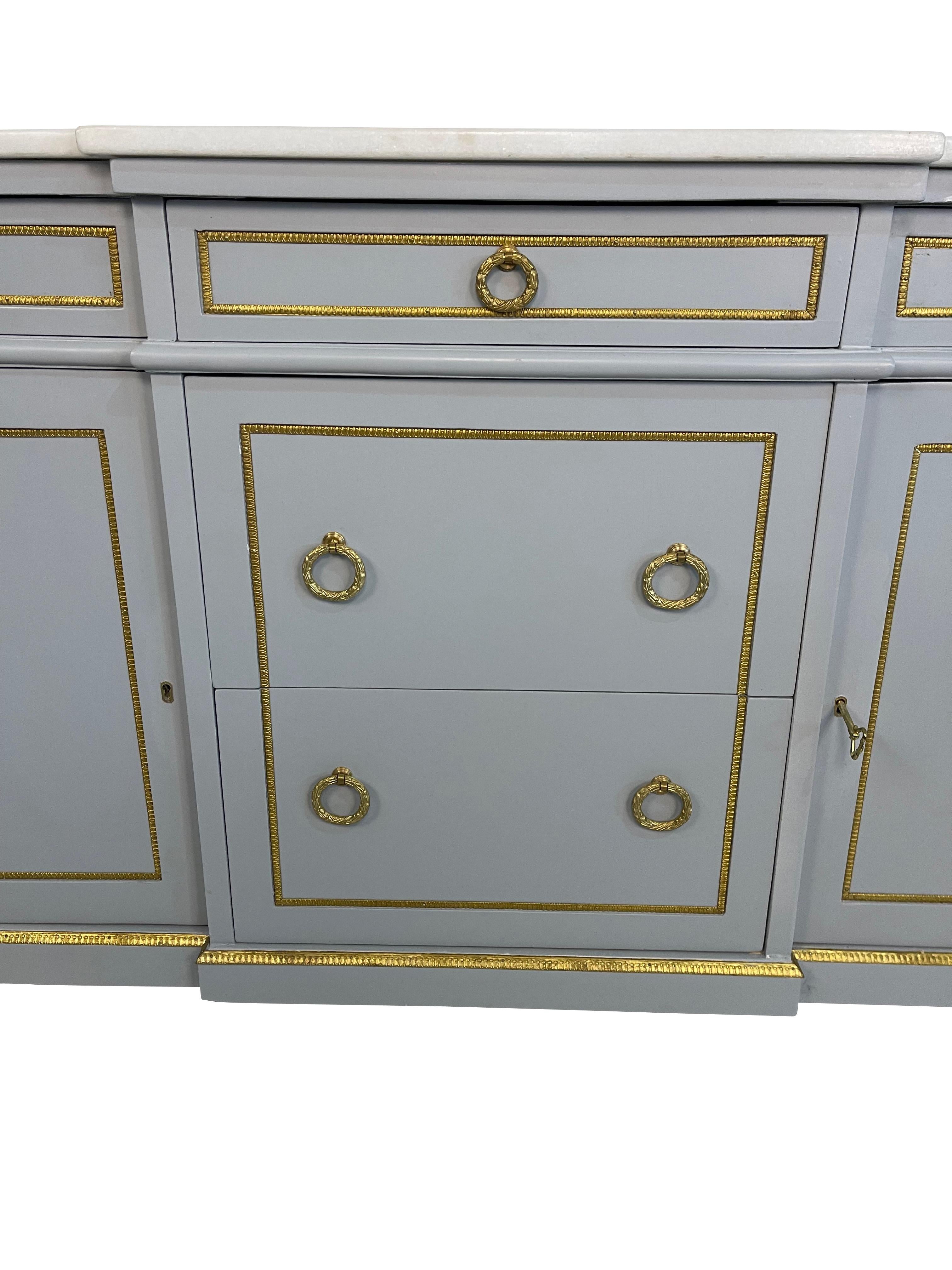 Hand-Painted Louis Philippe Style Grey Blue Painted Cabinet/Buffet with White Marble Top For Sale