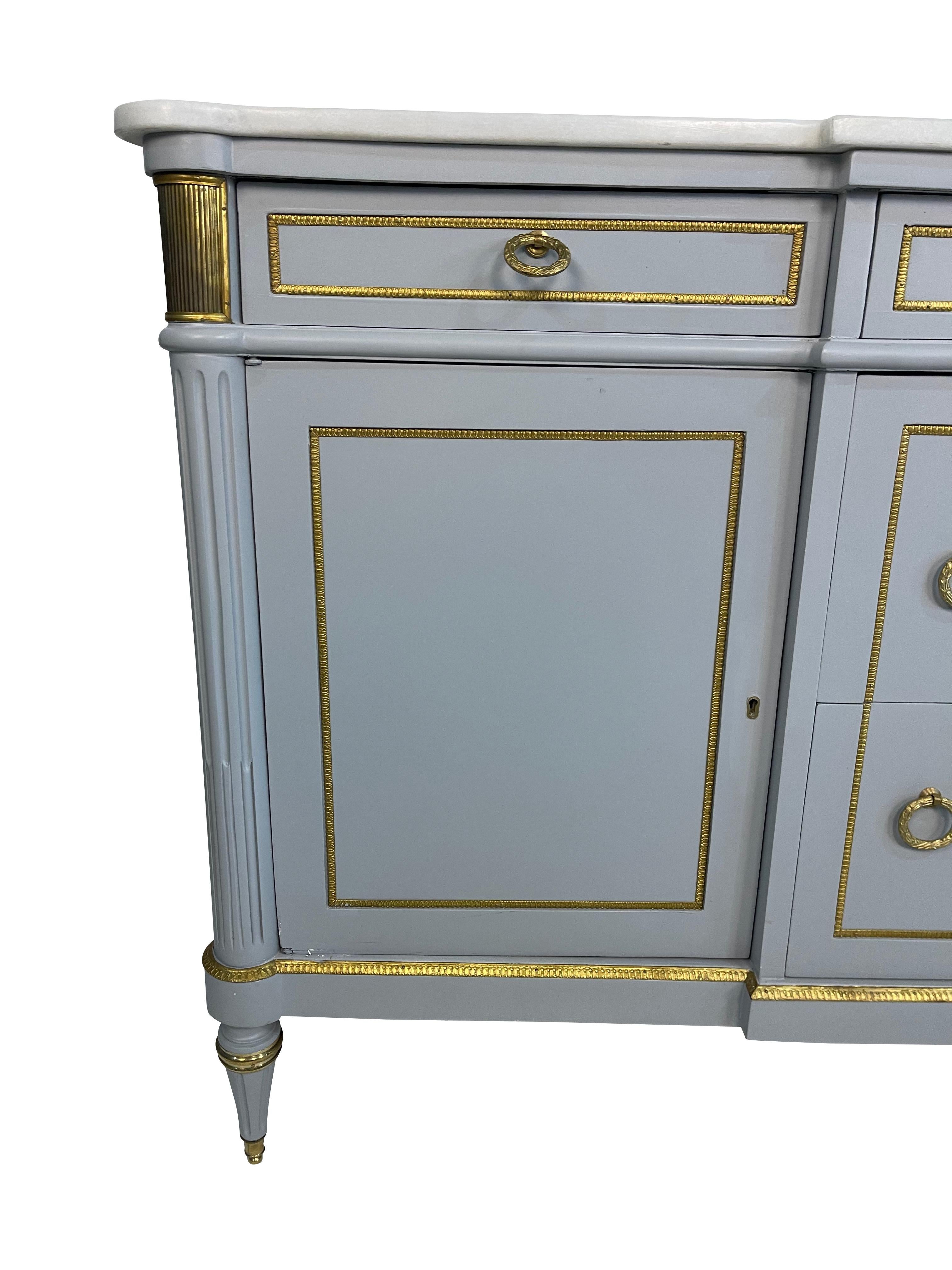 Louis Philippe Style Grey Blue Painted Cabinet/Buffet with White Marble Top In Good Condition For Sale In Essex, MA