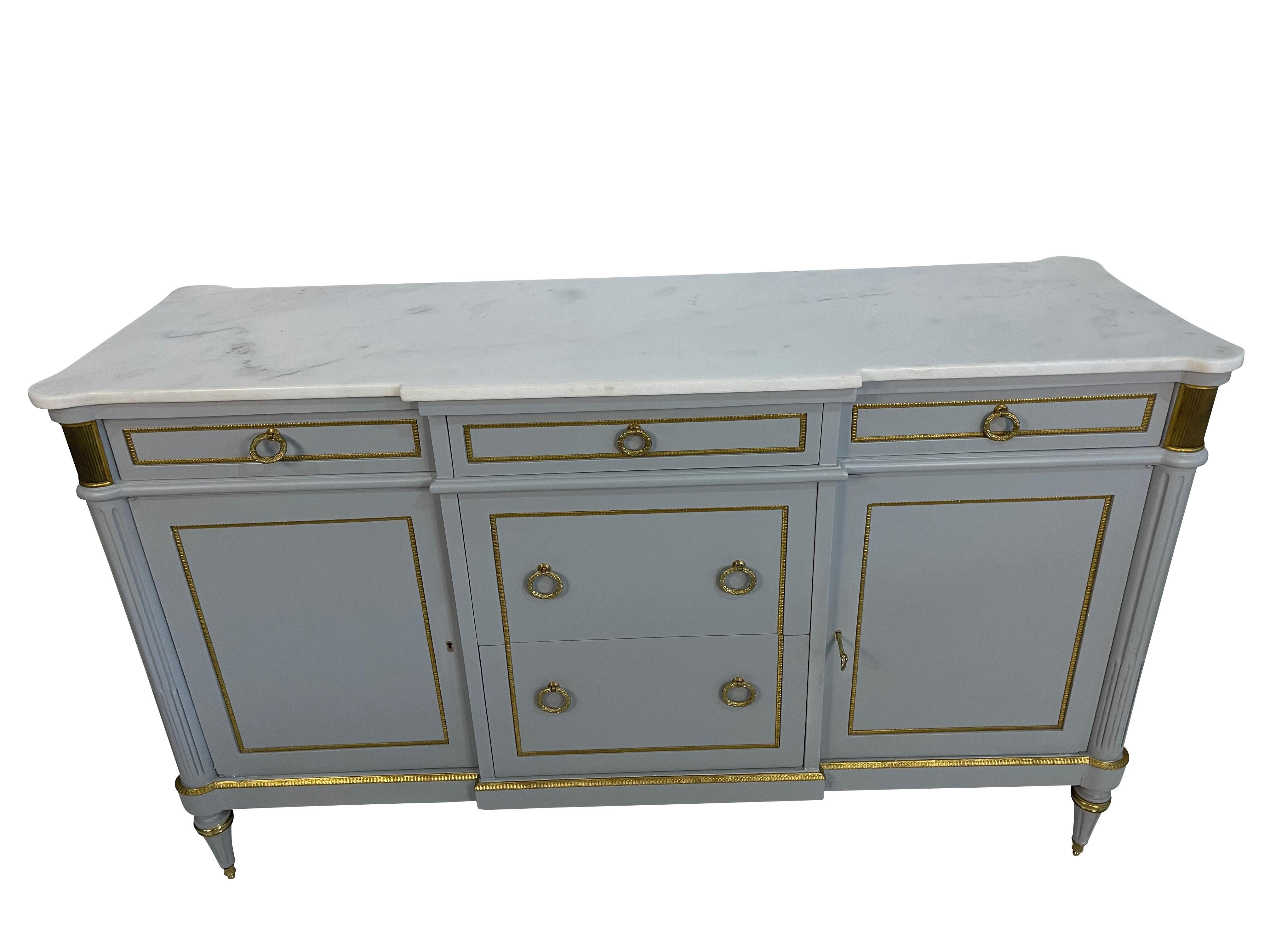 Louis Philippe Style Grey Blue Painted Cabinet/Buffet with White Marble Top For Sale 1