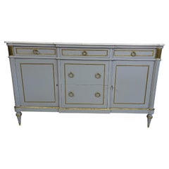 Meuble de rangement/meuble buffet de style Louis Philippe peint en bleu poudre avec dessus en marbre blanc