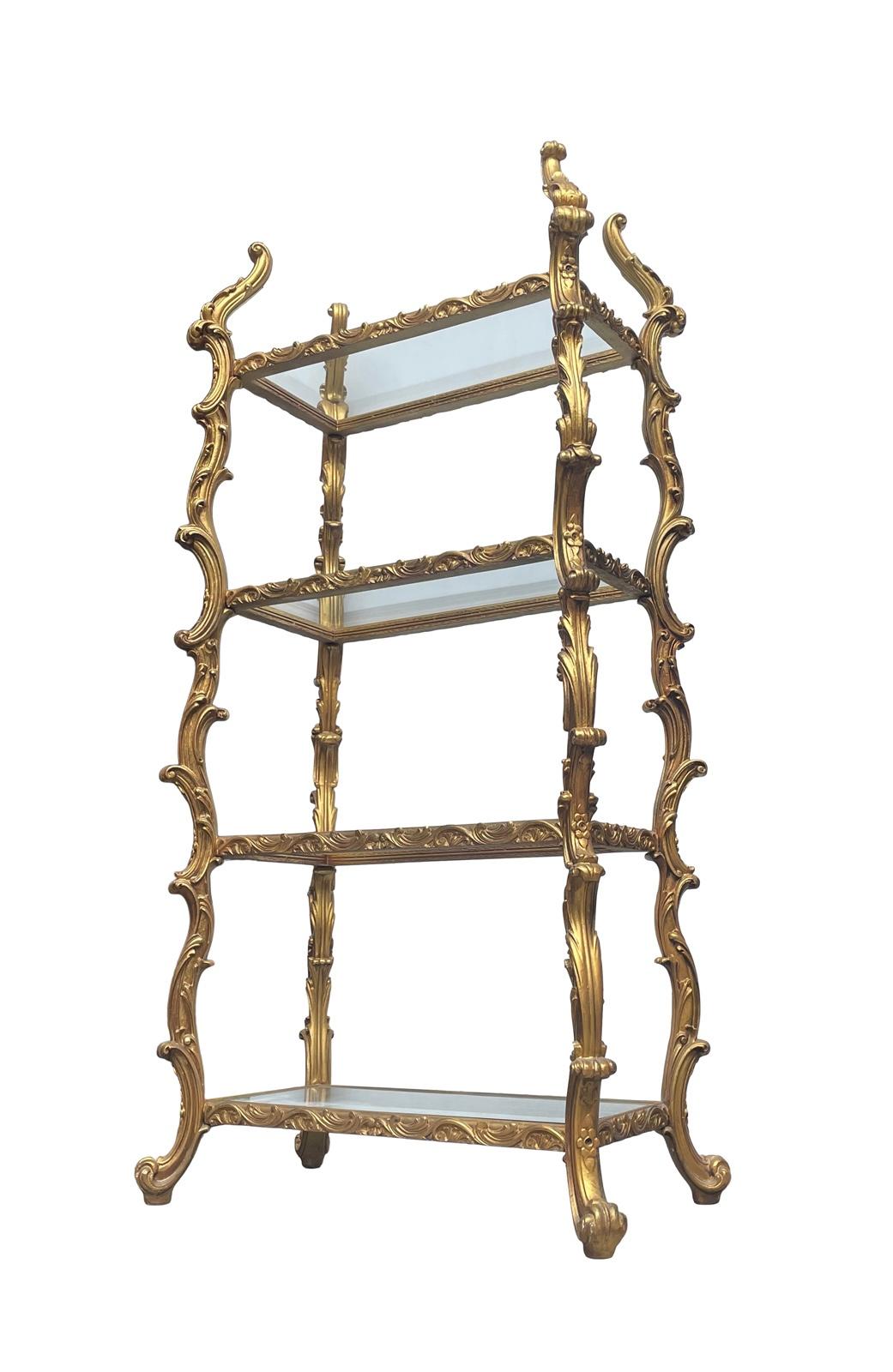 Stunning rococo style Etagere with glass shelves in the manner of Louis Philippe 
