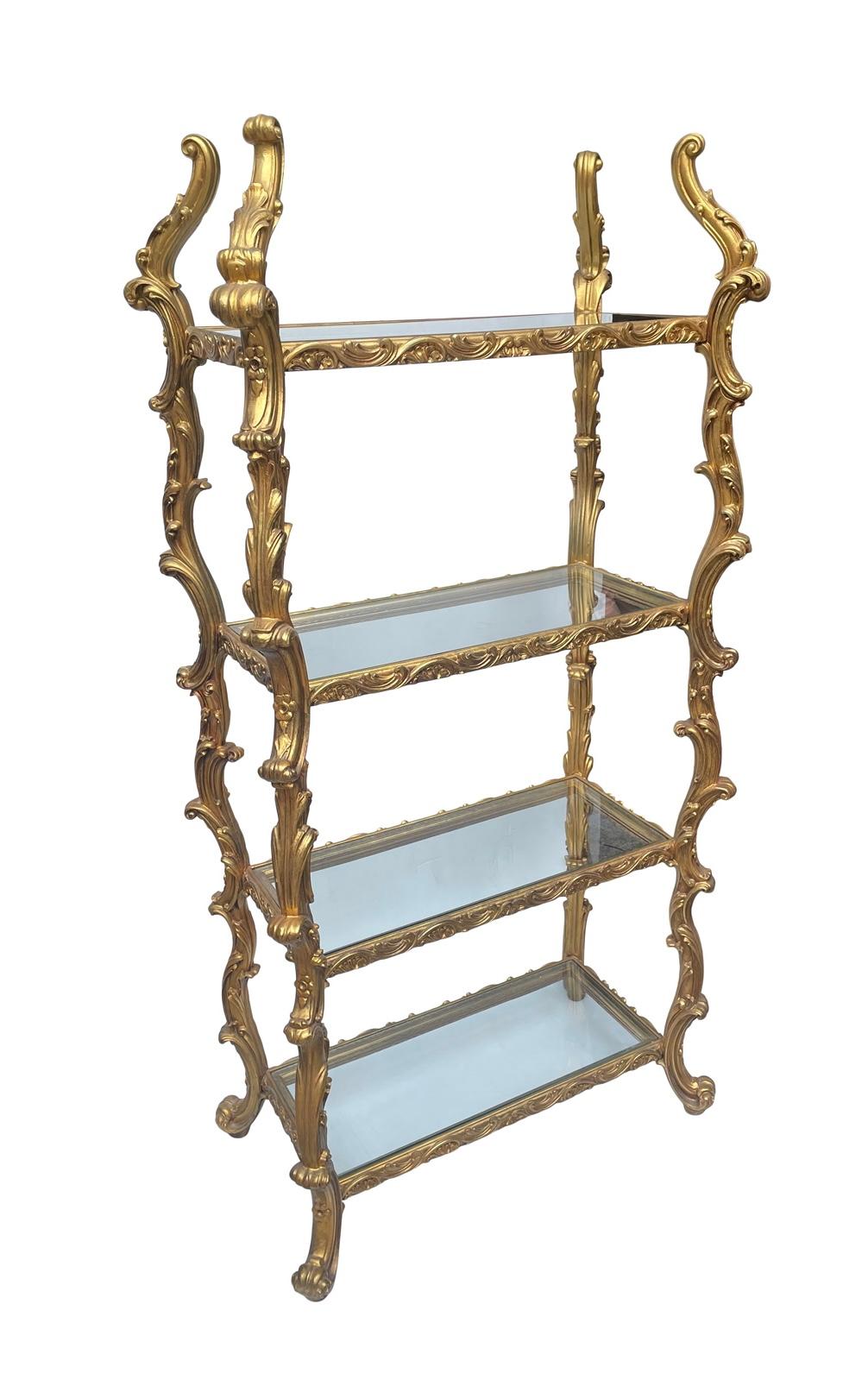 Louis Philippe Style Rococo Gold Gilt & Glass French Shelving Unit In Good Condition For Sale In Bensalem, PA