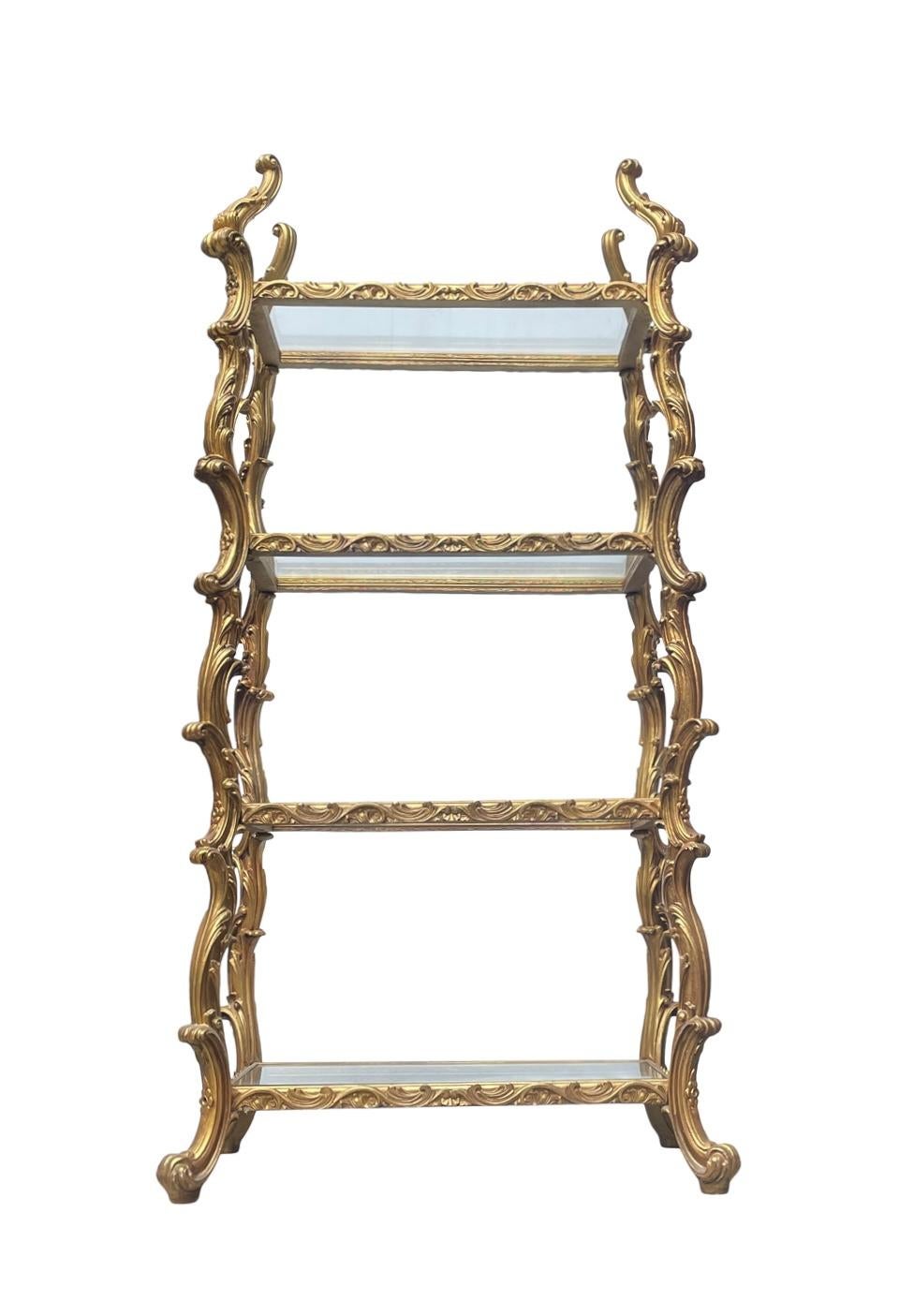 Mid-20th Century Louis Philippe Style Rococo Gold Gilt & Glass French Shelving Unit For Sale