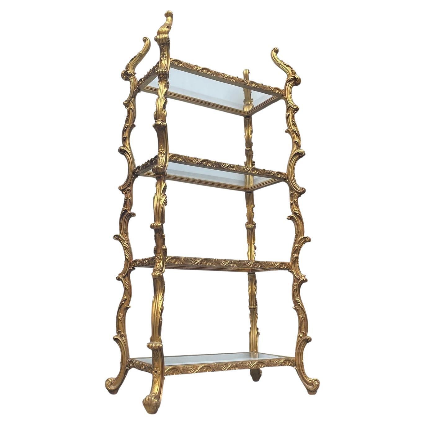 Louis Philippe Style Rococo Gold Gilt & Glass French Shelving Unit For Sale