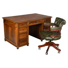 Antique Louis Philippe Style Walnut Partners Desk and Chair Set