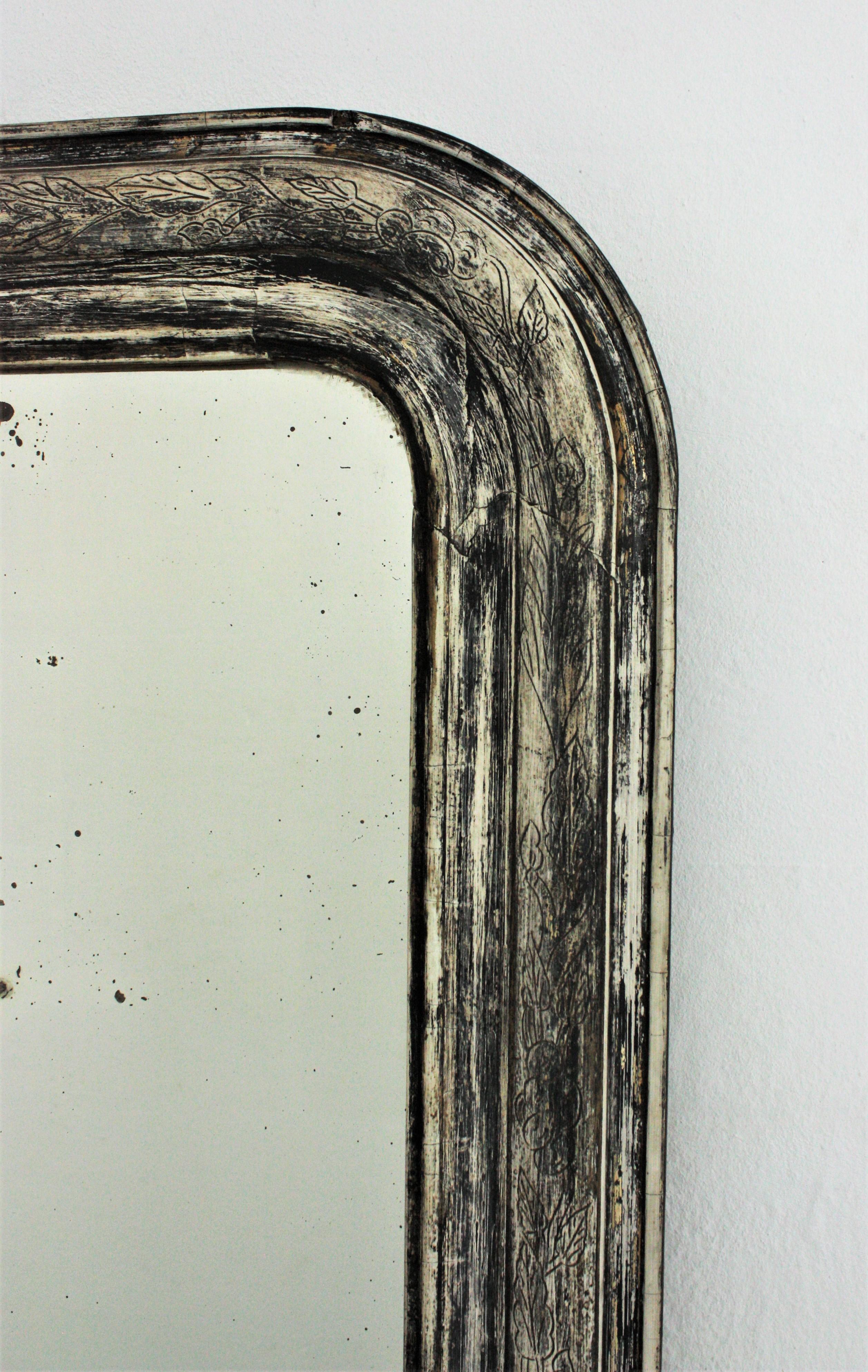 19th Century Louis Philippe Wall Mirror in Parcel Silver, White and Grey Patina For Sale