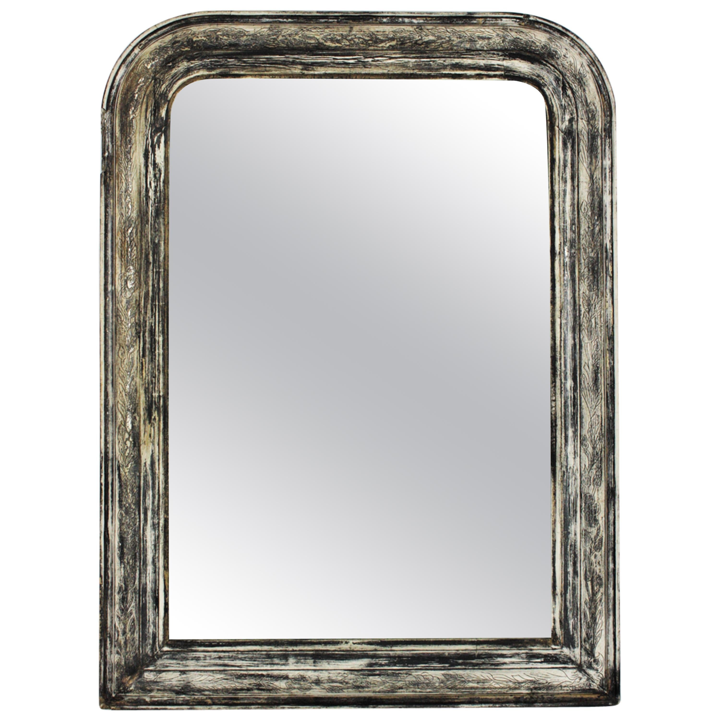 Louis Philippe Wall Mirror in Parcel Silver, White and Grey Patina For Sale