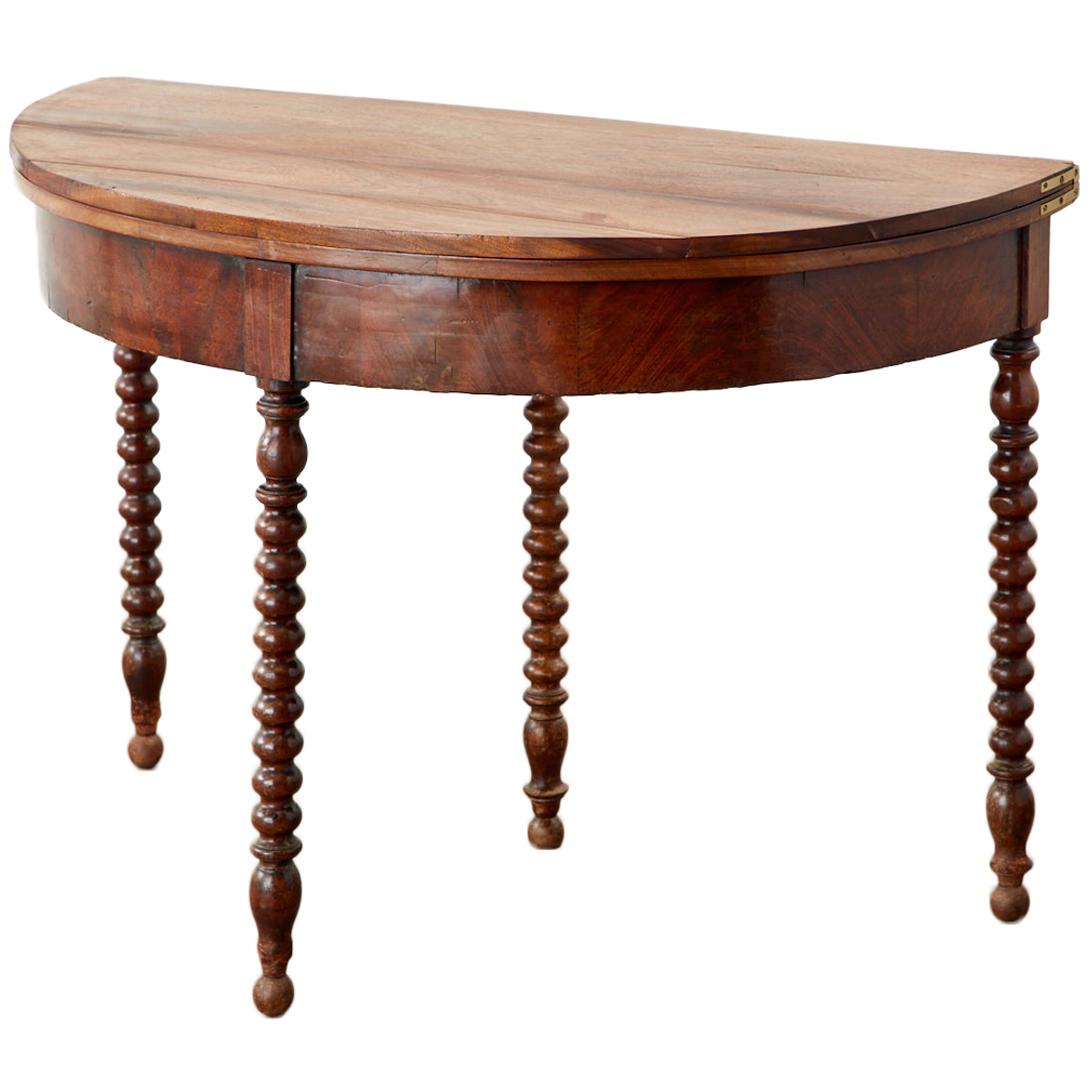 Louis Philippe Walnut Flip Top Demilune Game Table Console