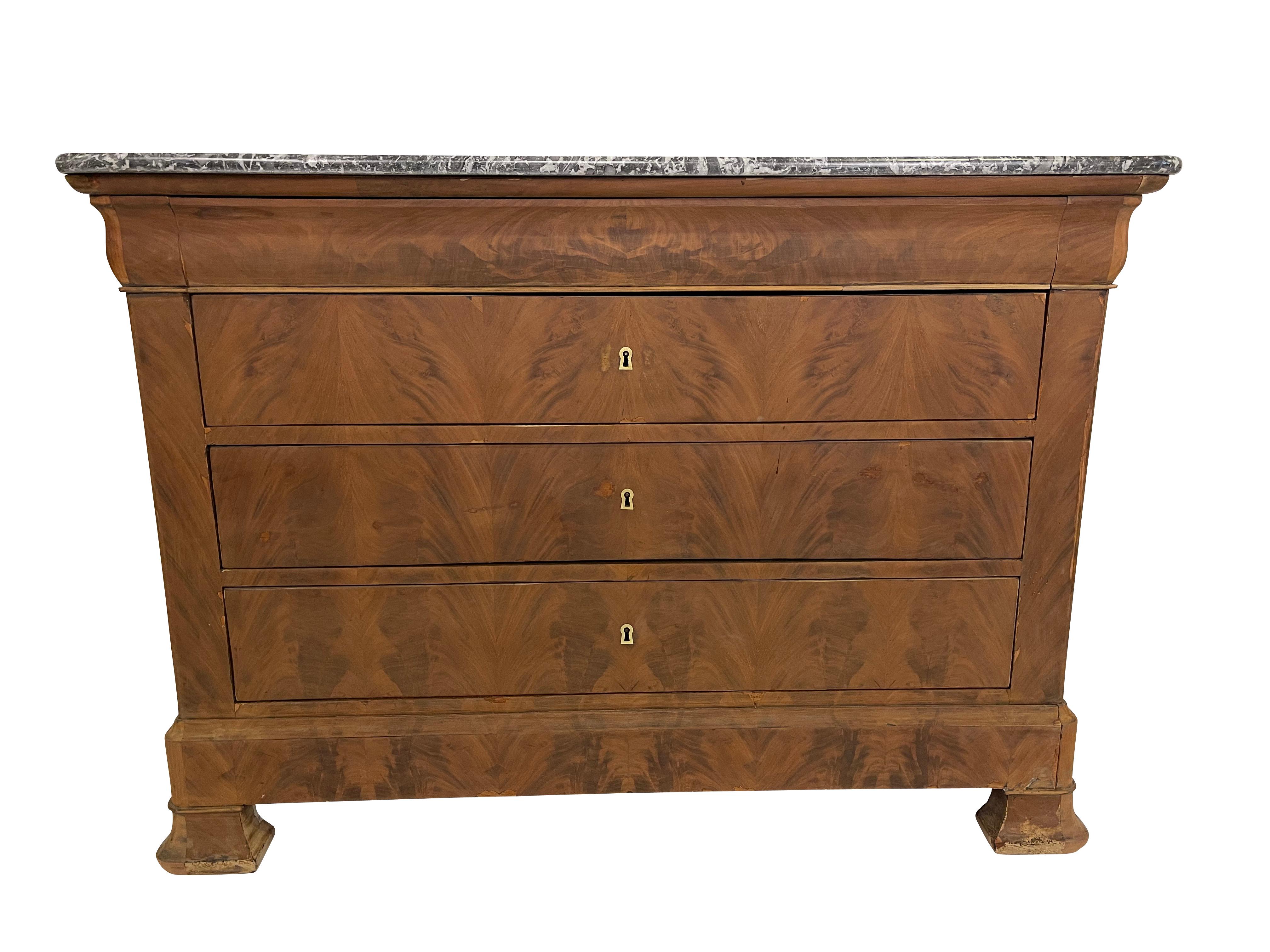 Louis Phillipe Commode in Bleached Burled Walnut with Grey Marble Top For Sale 4