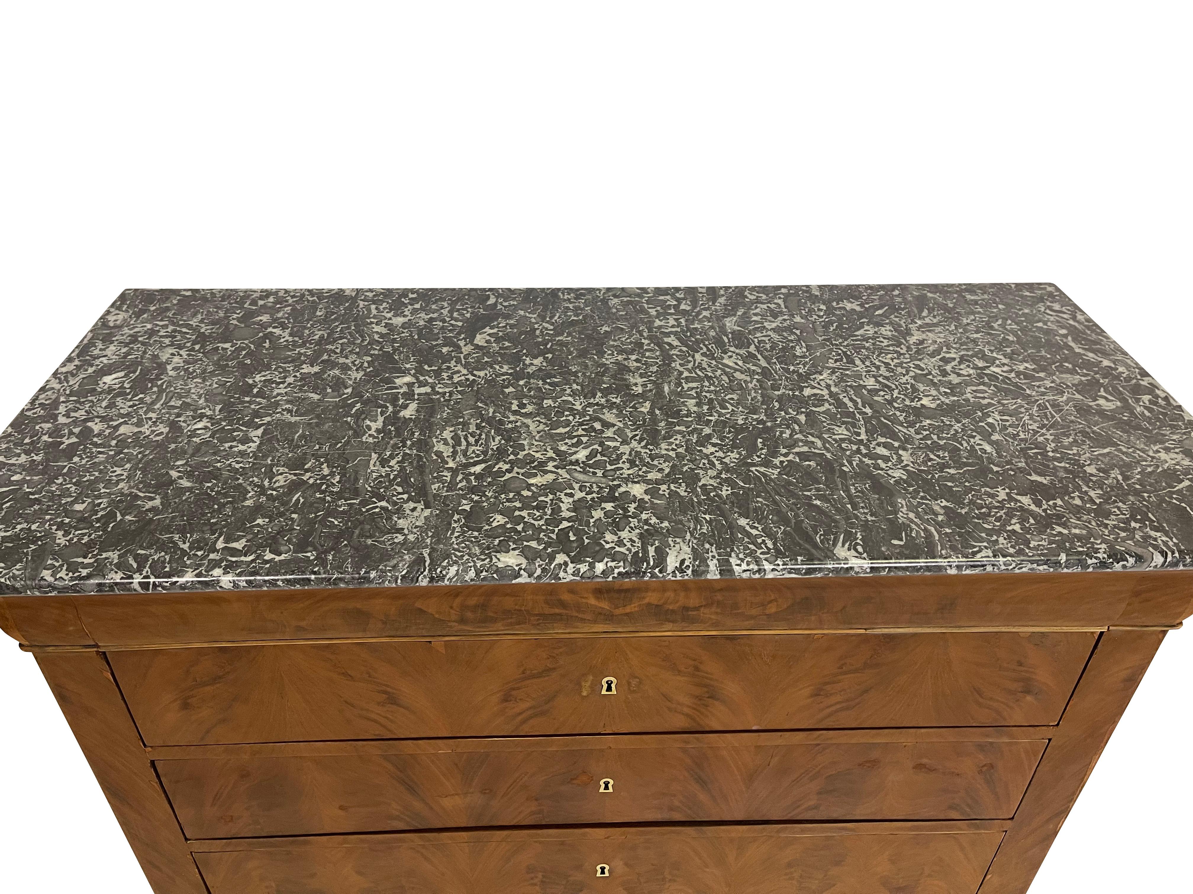 Hand-Crafted Louis Phillipe Commode in Bleached Burled Walnut with Grey Marble Top For Sale