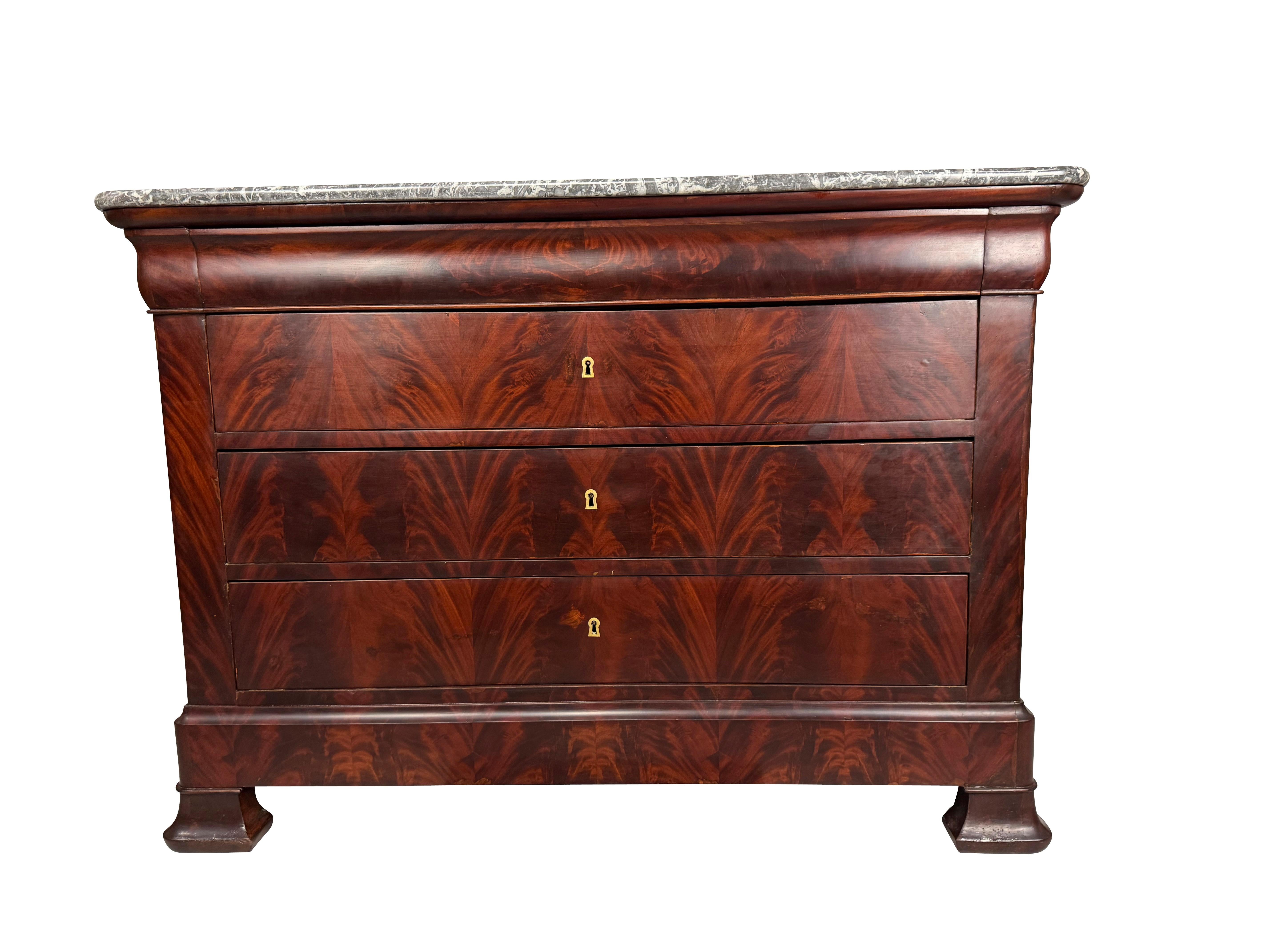 Louis Phillipe Commode in  Burled Walnut with Grey Marble Top For Sale 5