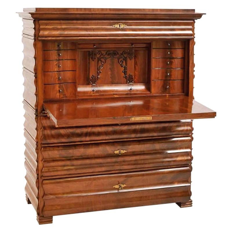 Louis Phillipe North German Fall-Front Secretary in Flame Mahogany, circa 1855 For Sale