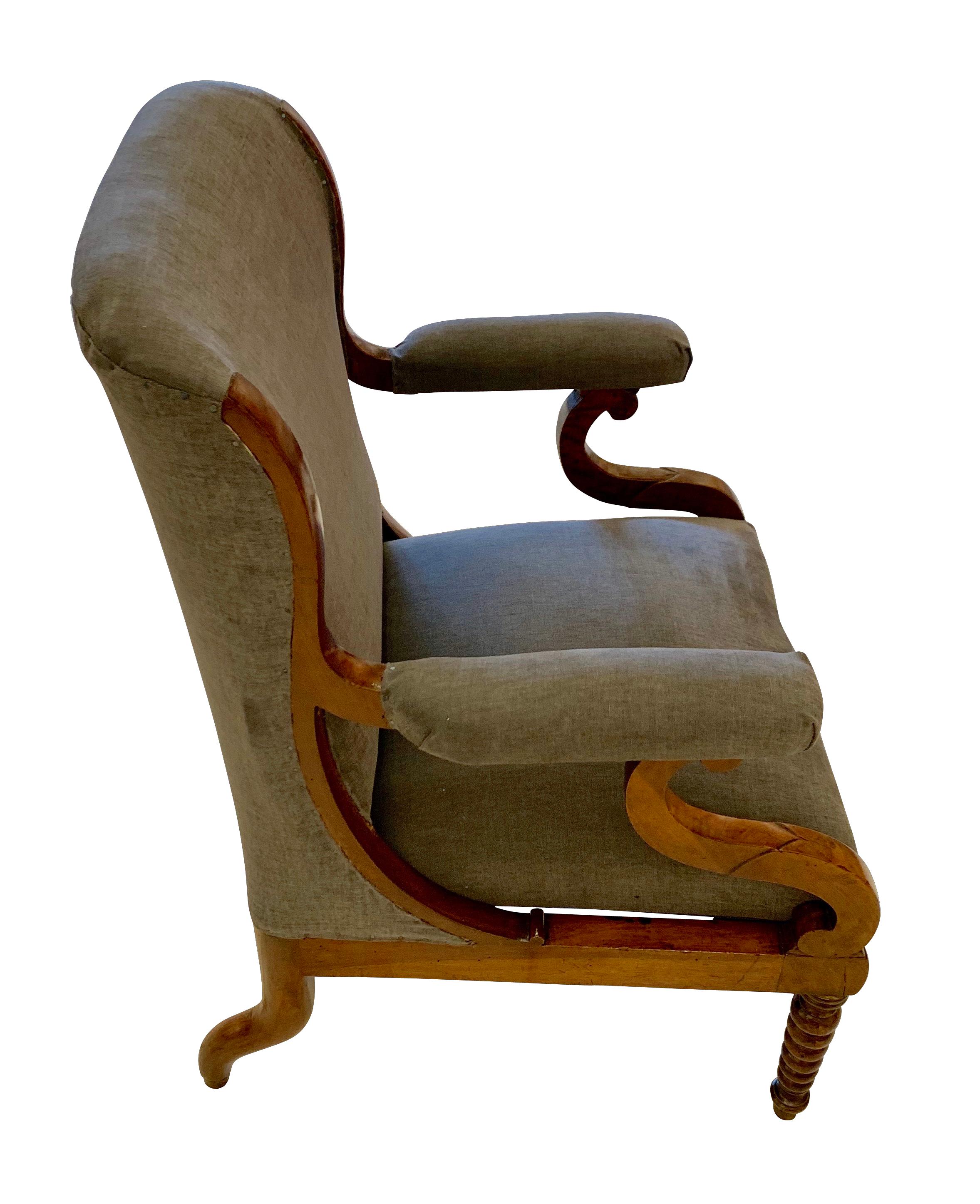 19th century French Louis Phillipe armed walnut side chair
Newly reupholstered in dark grey homespun vintage linen.
Arm pads are upholstered.
Spool front legs and curved back legs.
Excellent condition for age.
