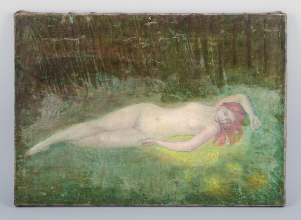 Louis Picard (1861-1940), a well-listed French artist.
Oil on canvas. 
Composition with a beautiful young nude woman reclining in a forest scenery.
Approximately from the 1920s.
Signed.
In perfect condition.
Unframed.
Dimensions: W 65 cm x H 46.0