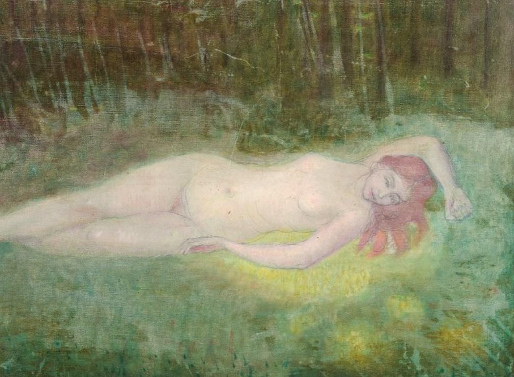 Art Nouveau Louis Picard, well listed French artist. Oil on canvas. Reclining female nude. For Sale