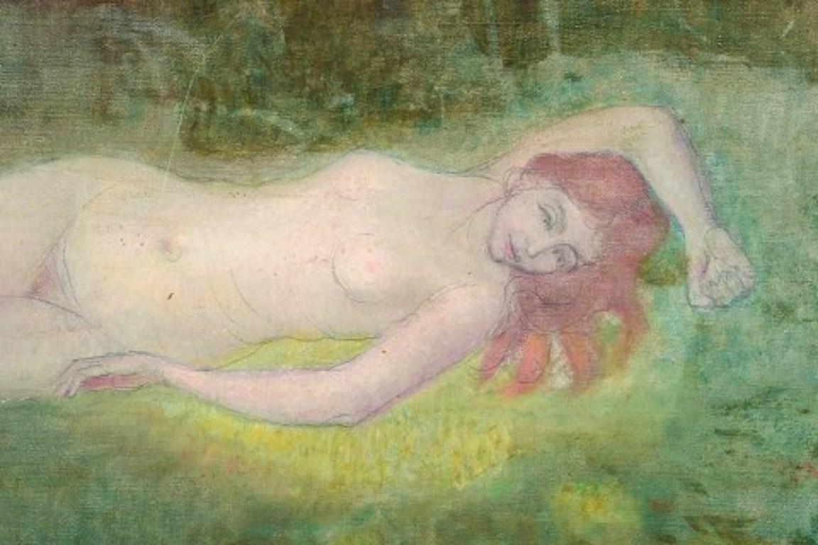 Early 20th Century Louis Picard, well listed French artist. Oil on canvas. Reclining female nude. For Sale