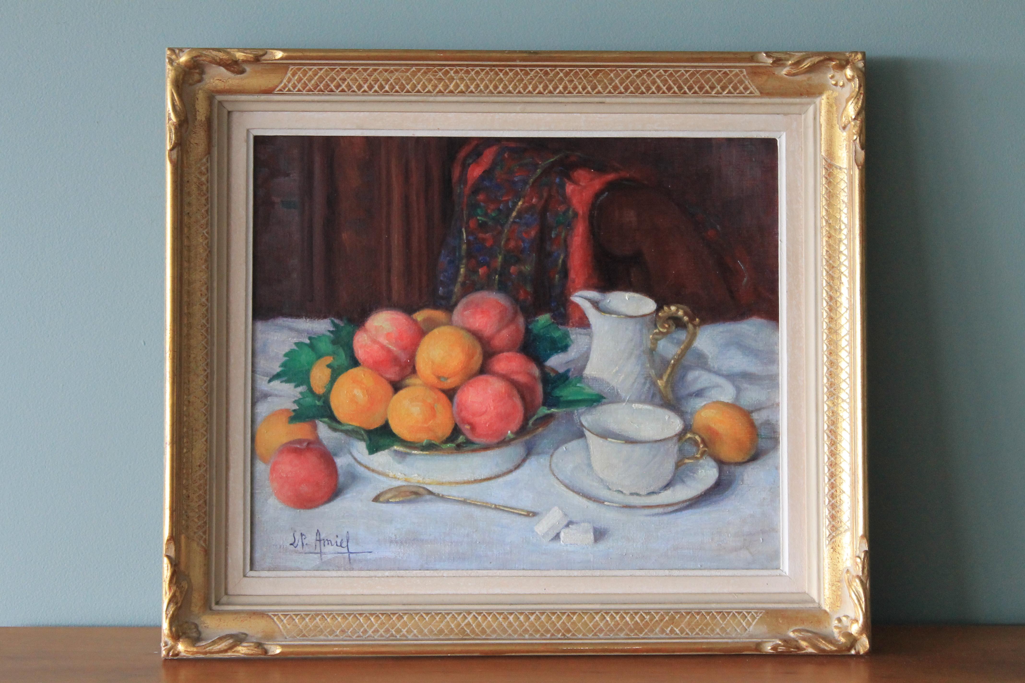 Bodegón al óleo vintage de mediados de siglo del artista francés Louis Pierre Amiel - Painting de Louis Pierre Amiel 