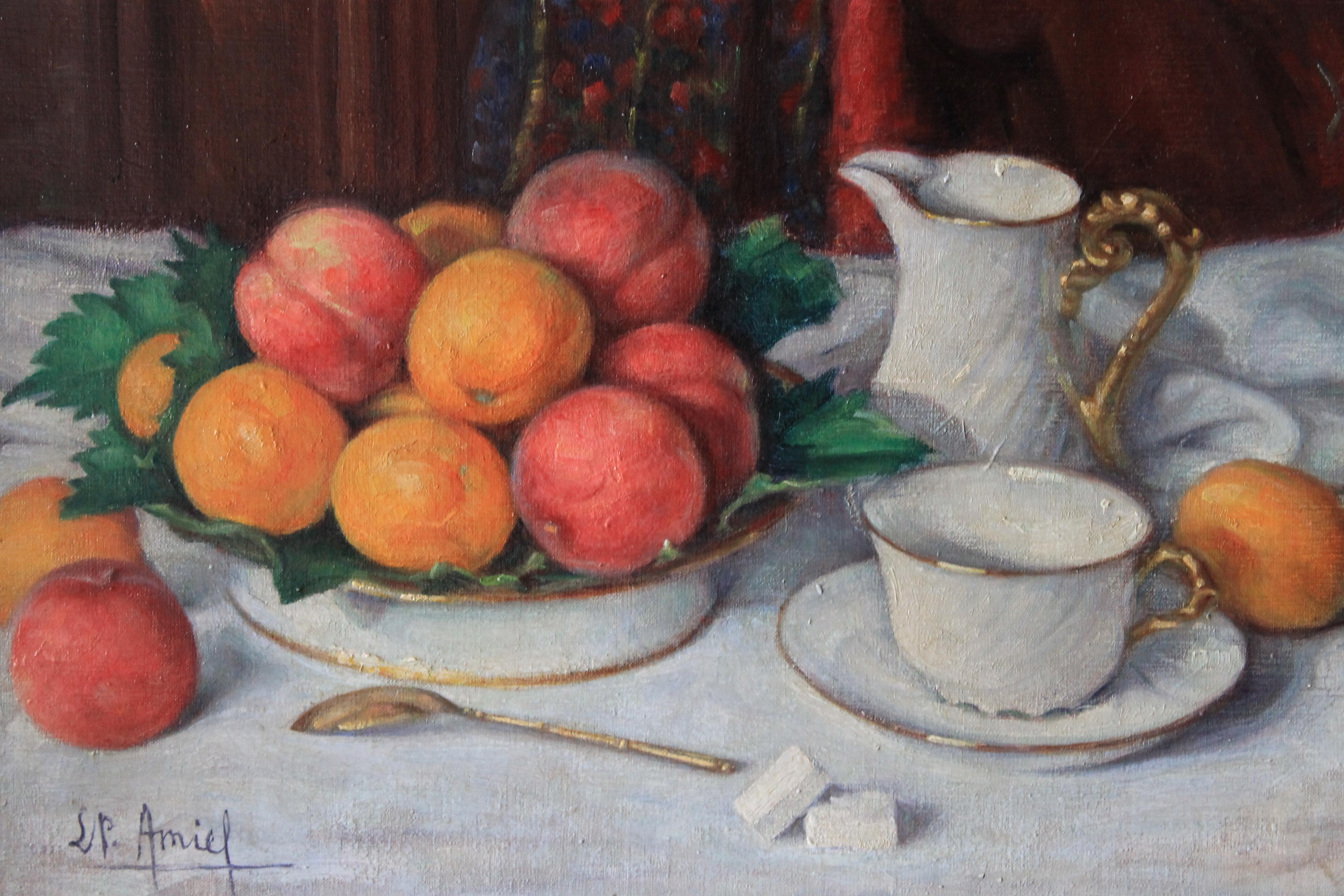 Still-Life Painting de Louis Pierre Amiel  - Bodegón al óleo vintage de mediados de siglo del artista francés Louis Pierre Amiel