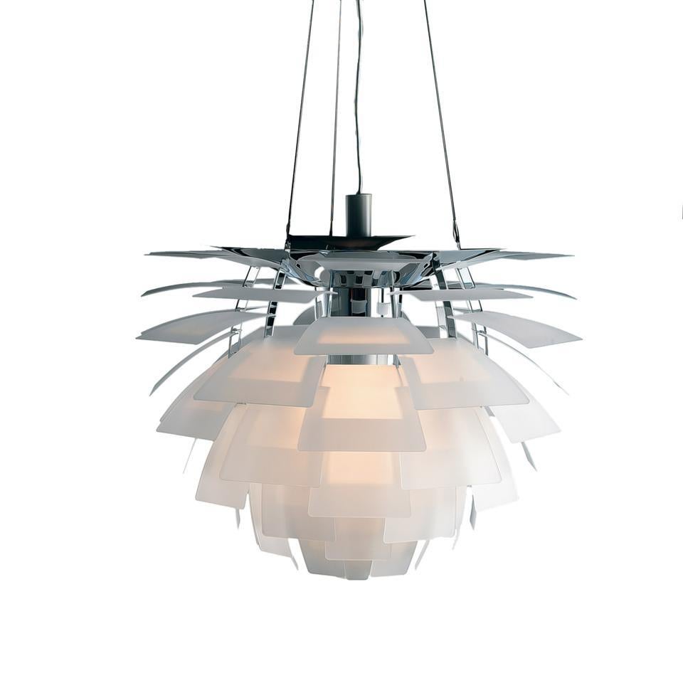 Louis Poulsen, extra large glass Artichoke chandelier by Poul Henningsen.
Measures: Width 840 x height 720 x length 840(mm)

Material: Leaves: clear glass, sandblasted. Frame: bright chrome plated steel. Canopy: yes cord length: 4 m cord type: