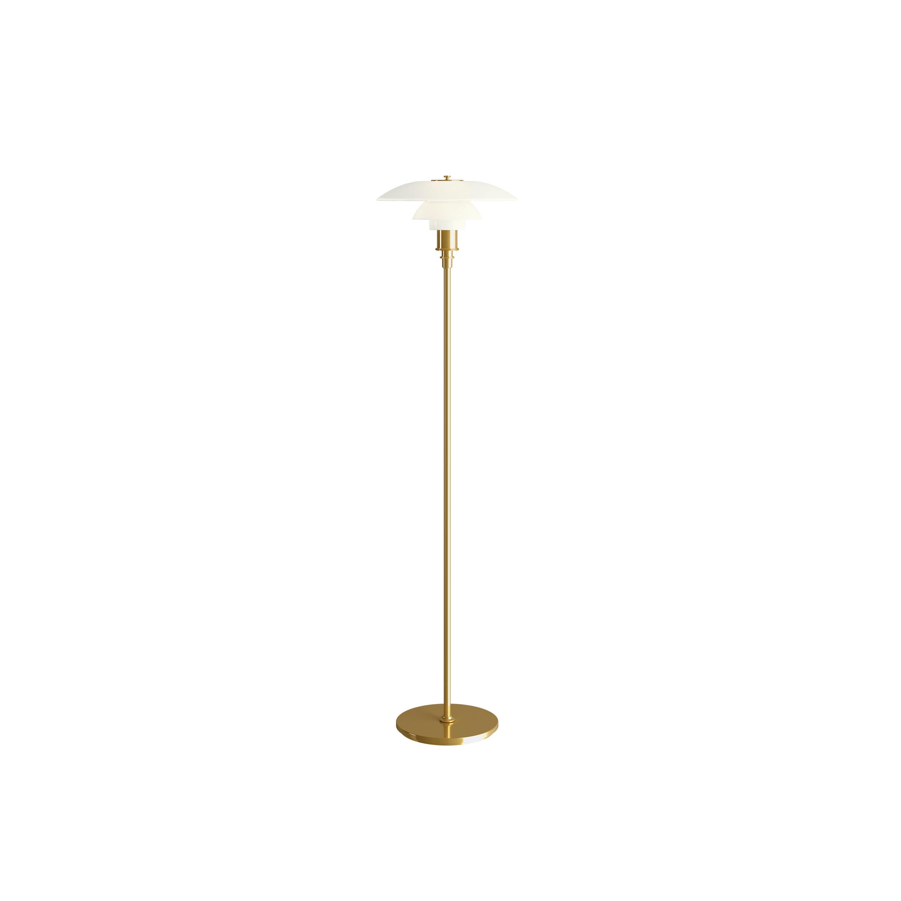 Louis Poulsen, floor light by Poul Henningsen
Measures: Width x height x length (mm)
330 x 1300 x 330, 6.8 kg
Material: Shades in mouth-blown white opal glass with the stem and base in brass and steel. Cord length 2.5 m Switch: On the cord.