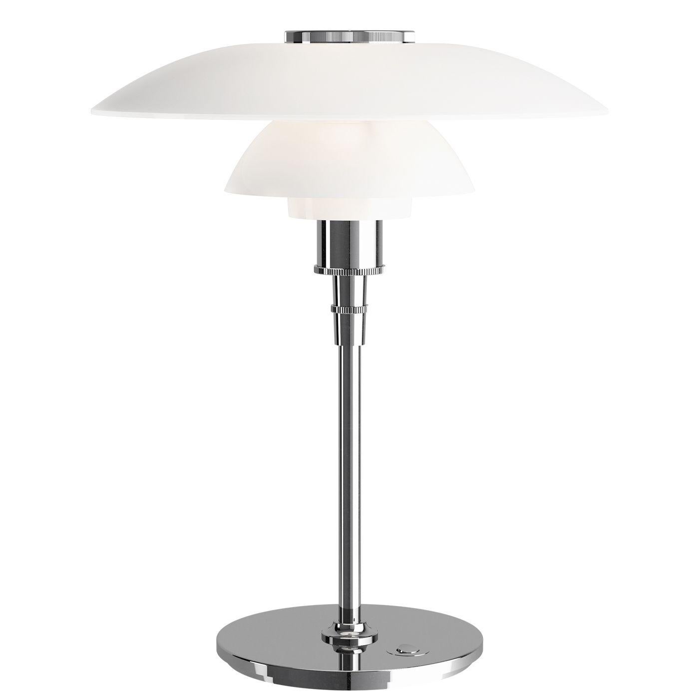 Louis Poulsen, large glass table light by Poul Henningsen
Measures: Width x Height x Length (mm)
450 x 550 x 450, 9.3 kg
Material: Shades in mouth-blown white opal glass with top plate and body in bright chrome plated brass and steel. Measure: