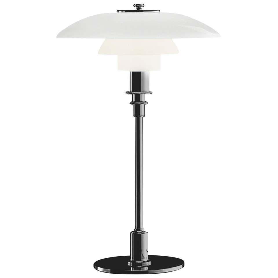 Louis Poulsen, medium table light by Poul Henningsen
Measures: Width 290 x height 472 x length 290 (mm), 3.0 kg
 
Material: Shades in mouth-blown white opal glass with the body and suspension unit in brass. Cord length: 2.1 m. Switch: On the cord.