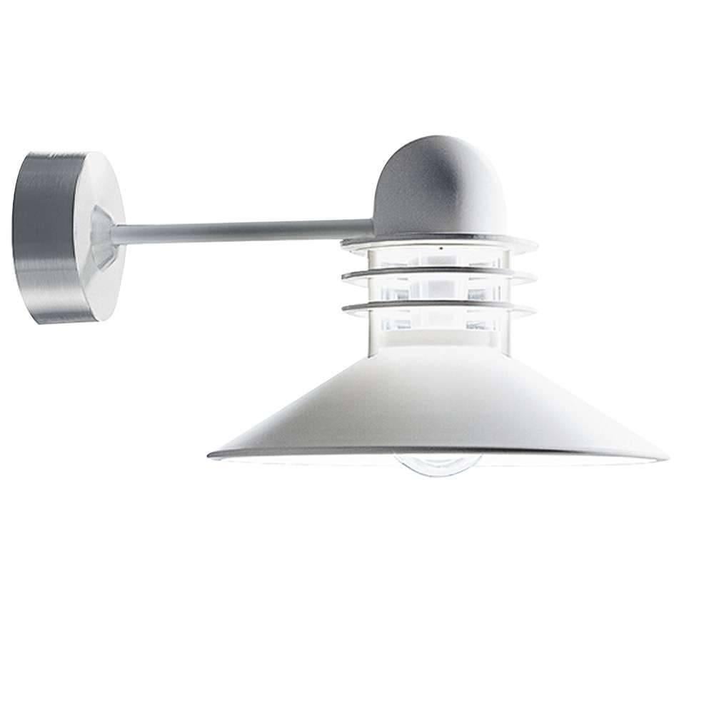 Louis Poulsen 'Nyhavn' white outdoor wall sconce. Designed by Alfred Homann and Ole V. Kjær in 1976 for lighting in old and heritage urban areas. The light is characterized by a cone-shaped shade and three anti-glare rings which emit soft light