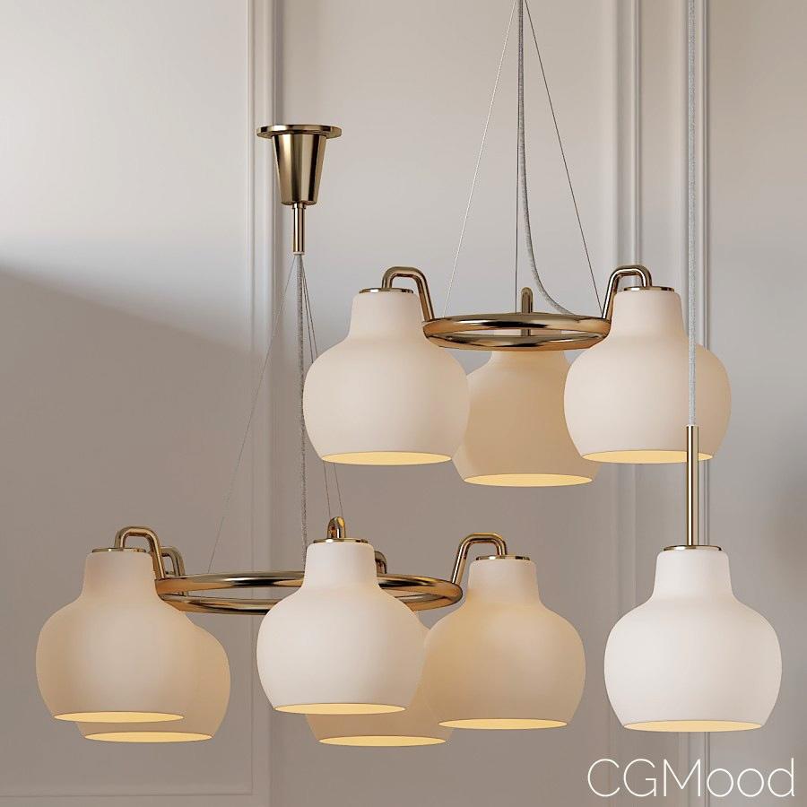 Louis Poulsen, pendant 3 light by Vilhelm Lauritzen
Measures: Width 550 x height 233 x length 550(mm), 6.1 kg

3 Shades. Material: Shades: Mouth-blown, 3-layered, polished opal glass. Frame and canopy: Satin polished brass, untreated. Please note