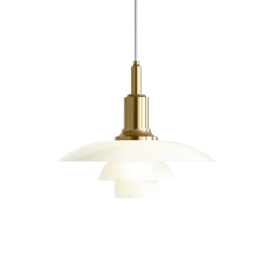 Louis Poulsen, small pendant light by Poul Henningsen.
Size: Width x Height x Length (mm)
290 x 240 x 290
Material: Shades in mouth-blown white opal glass with the suspension unit in brass metallized aluminum. Canopy: Yes. Cord length: 3 m.