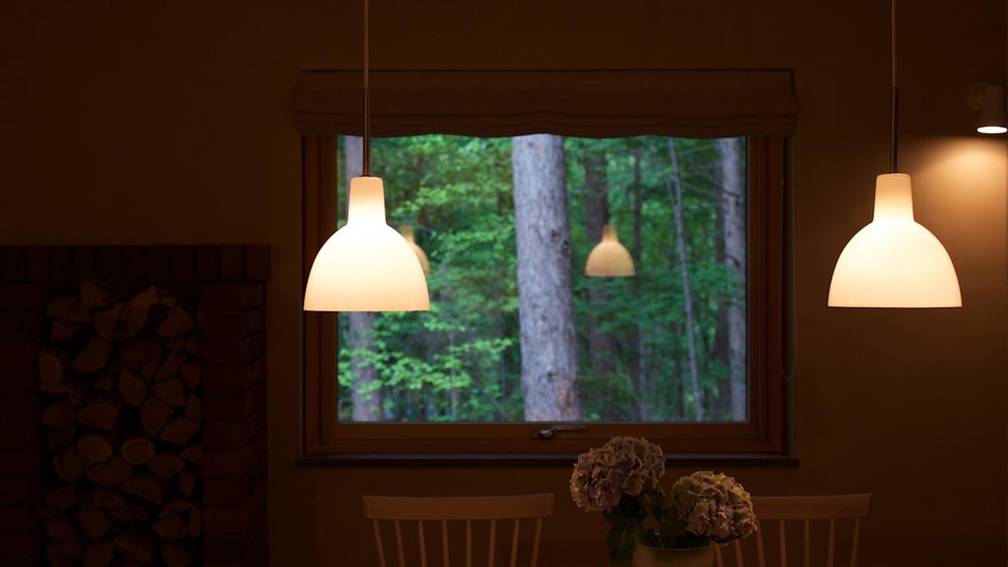 Una coppia di lampade a sospensione modello 155 Toldbod sviluppate dal team di design di Louis Poulsen nel 1982. Questo progetto si basa sul riflettore ellittico di Poul Henningsen. Questo tipo di riflettore garantisce una luce non abbagliante,