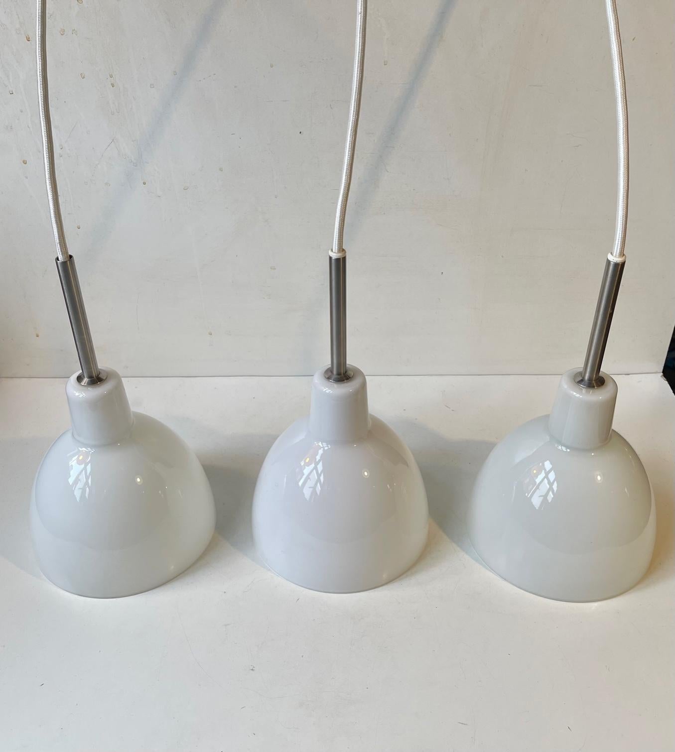 Late 20th Century Louis Poulsen Toldbod White Opaline Glass Pendant Lamps, Set of 3