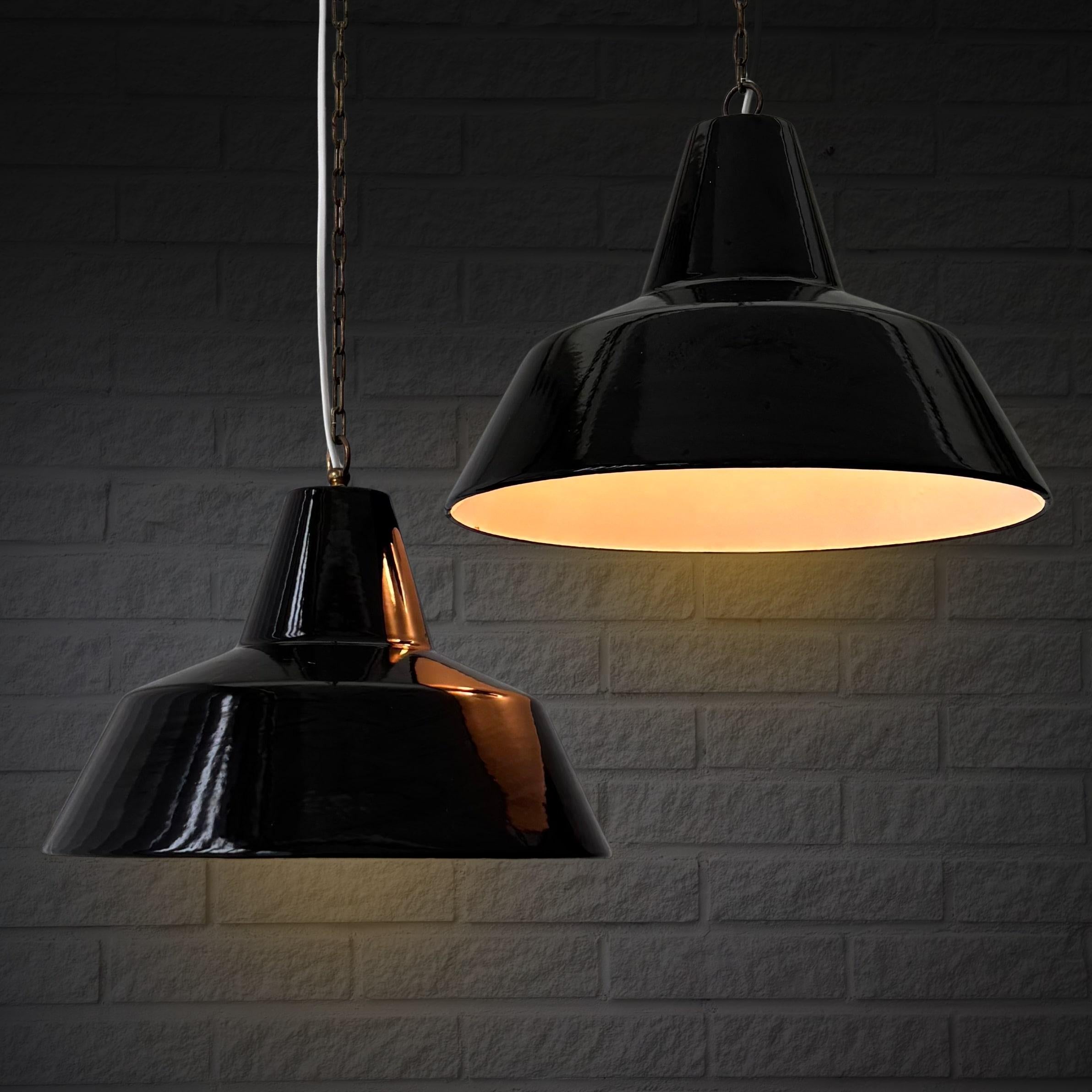 Scandinavian Modern Louis Poulsen, two industrial pendant lamps Arbejdspendel, Denmark, 1950s For Sale