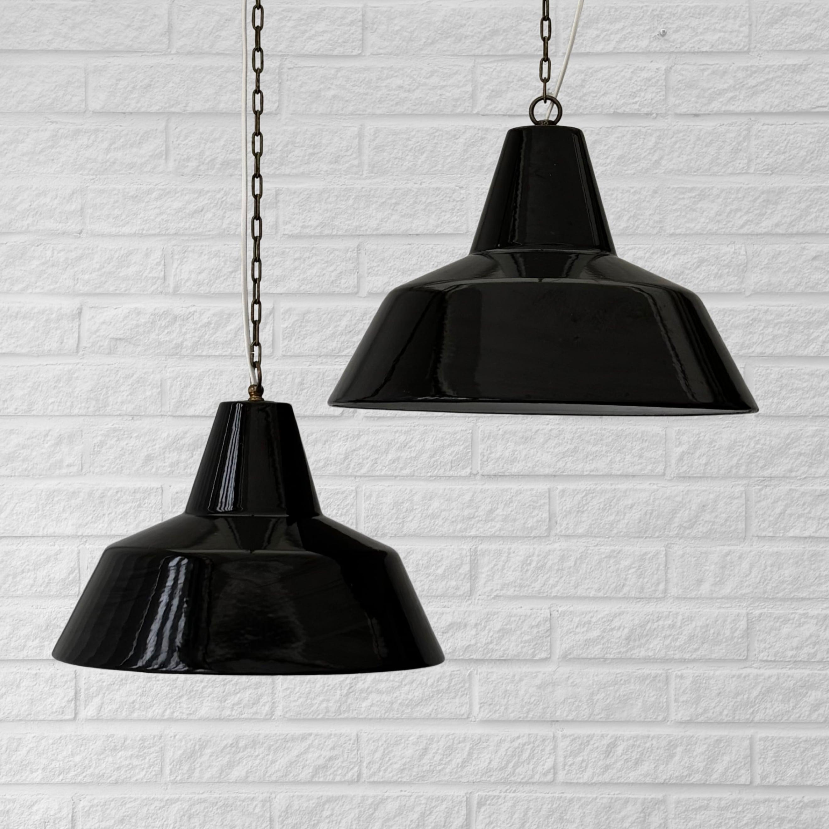 Danish Louis Poulsen, two industrial pendant lamps Arbejdspendel, Denmark, 1950s For Sale