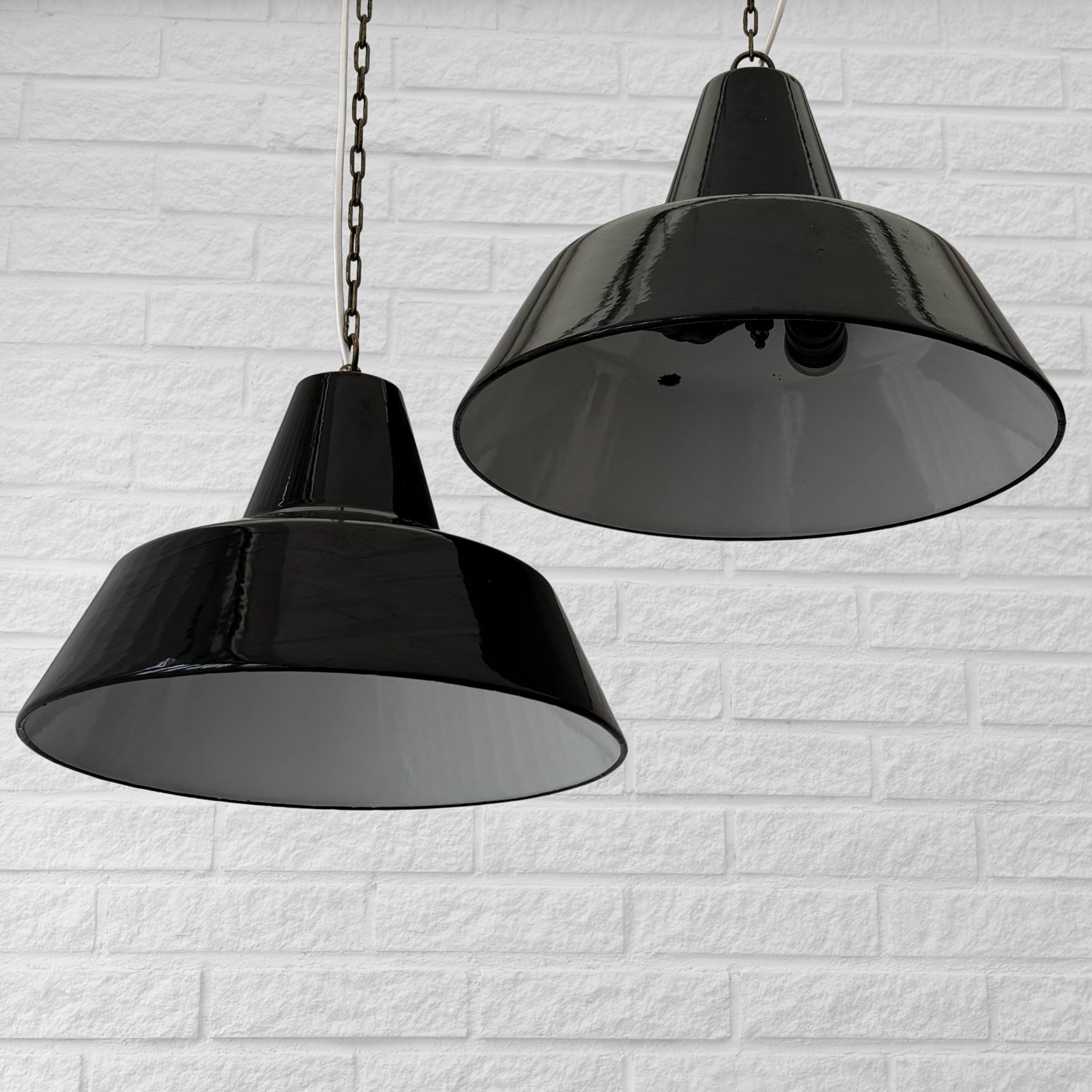 Mid-20th Century Louis Poulsen, two industrial pendant lamps Arbejdspendel, Denmark, 1950s For Sale