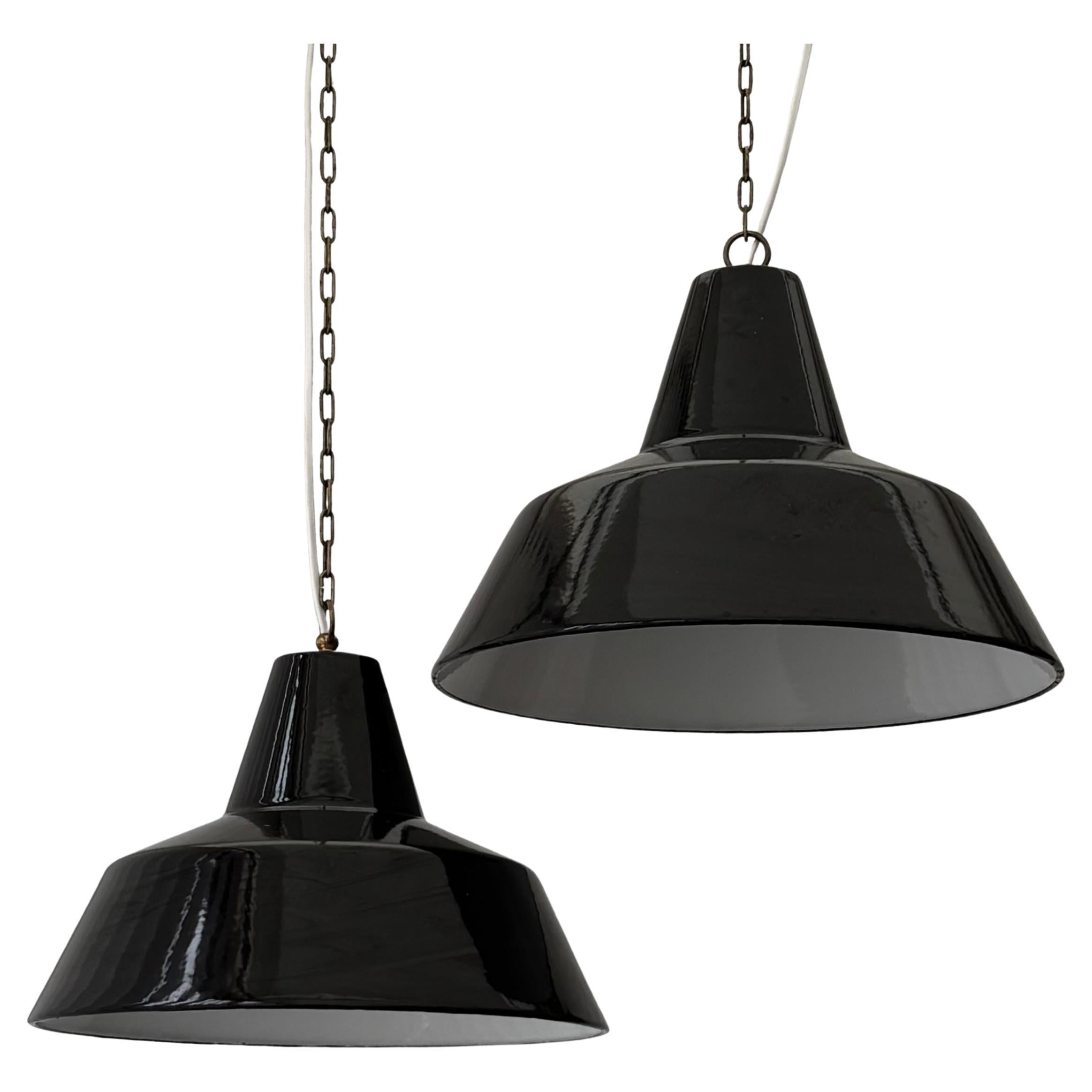 Louis Poulsen, two industrial pendant lamps Arbejdspendel, Denmark, 1950s For Sale
