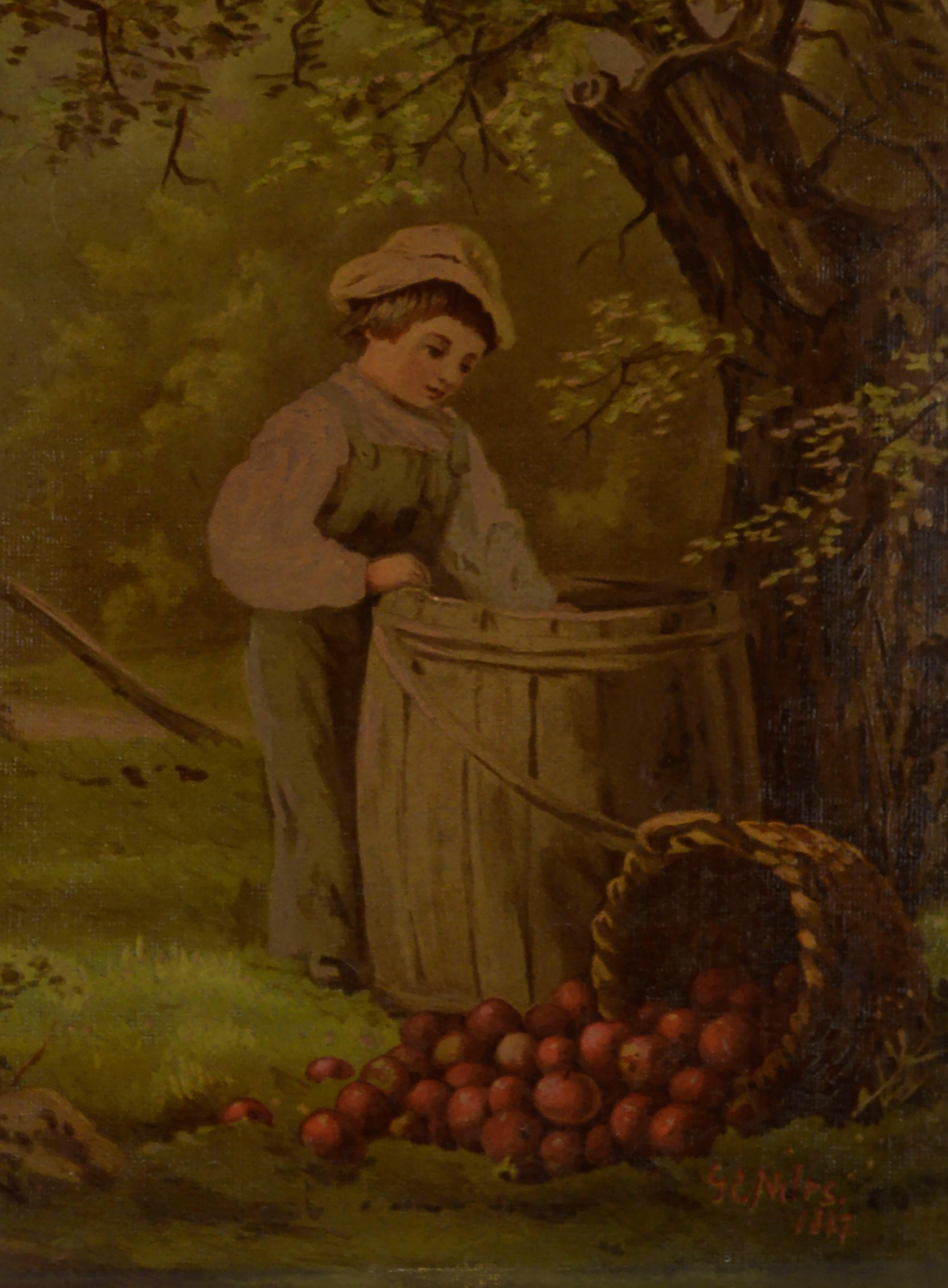 „Under the Apple Tree“, figurative Chromolithographie nach George Niles, 188/250 (Amerikanischer Impressionismus), Print, von Louis Prang